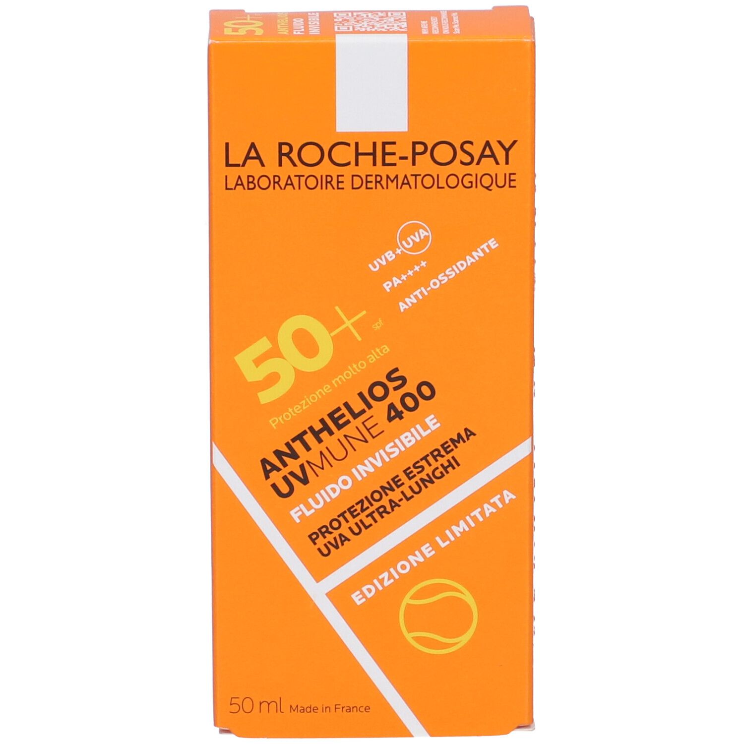 Orangefarbene Schachtel von La Roche-Posay Anthelios UVMUNE 400. SPF 50+ und Produktnamen.