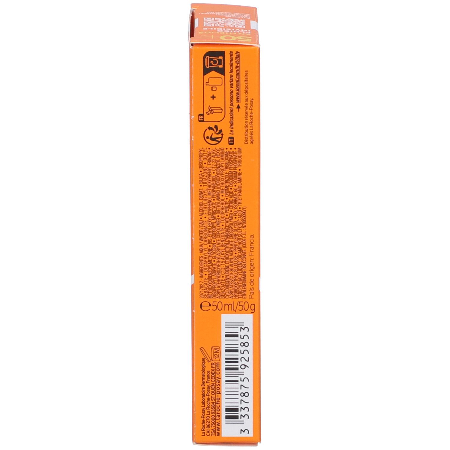Seite der La Roche-Posay Anthelios UVMUNE 400 Verpackung. Text und Logos. 50 ml/50 g.