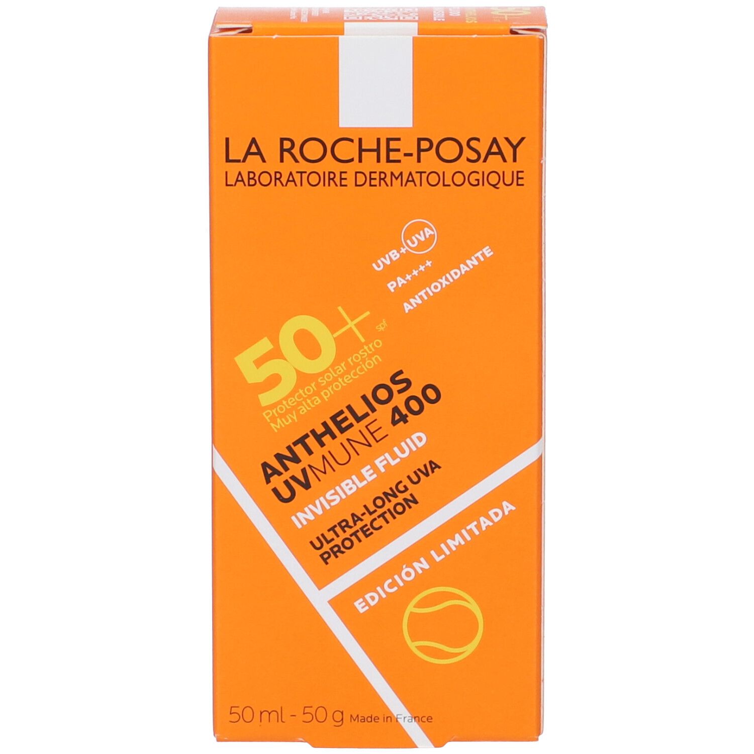 Orangefarbene Schachtel La Roche-Posay Anthelios UVMUNE 400. SPF 50+ und Produktnamen.