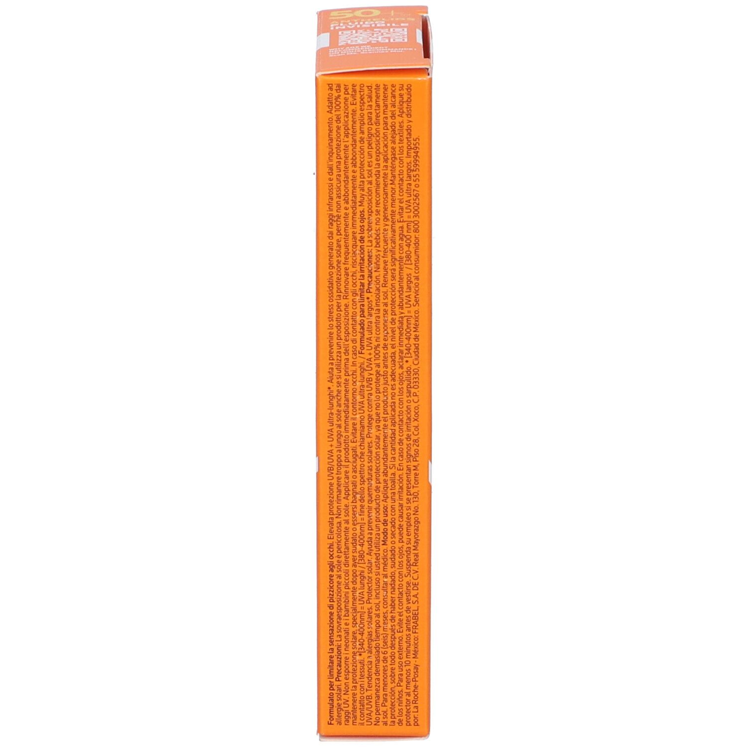 Seite der La Roche-Posay Anthelios UVMUNE 400 Verpackung. Text. Orange.