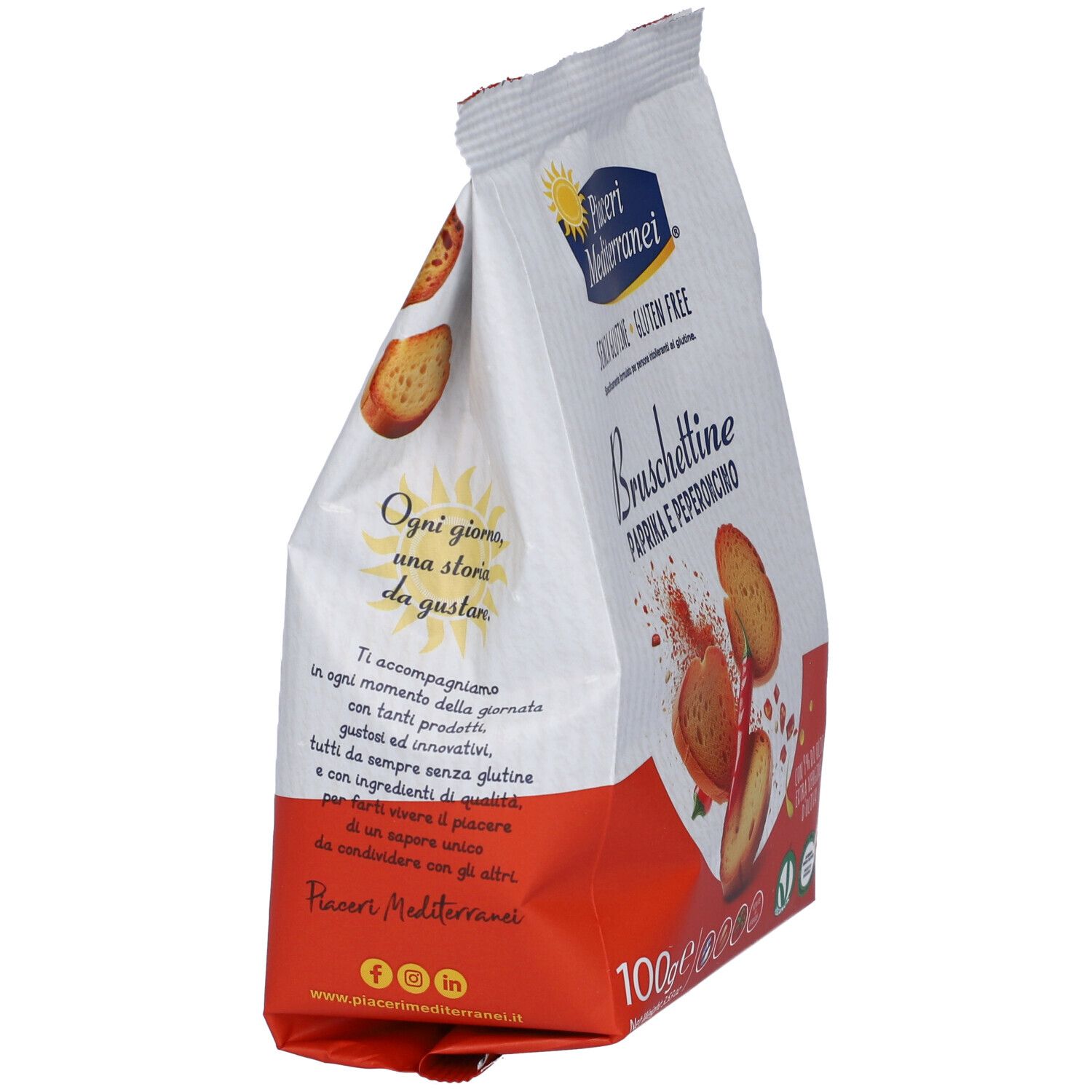 Bruschettine Paprika e Peperoncino Verpackung, Seitenansicht. Weiß-rote Tüte mit Text und Logo. Glutenfrei.