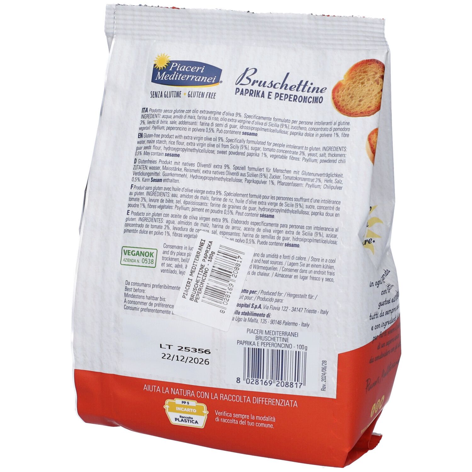 Rückseite der Bruschettine Paprika e Peperoncino Verpackung. Weiß-rote Tüte mit Text und Logo. Glutenfrei.