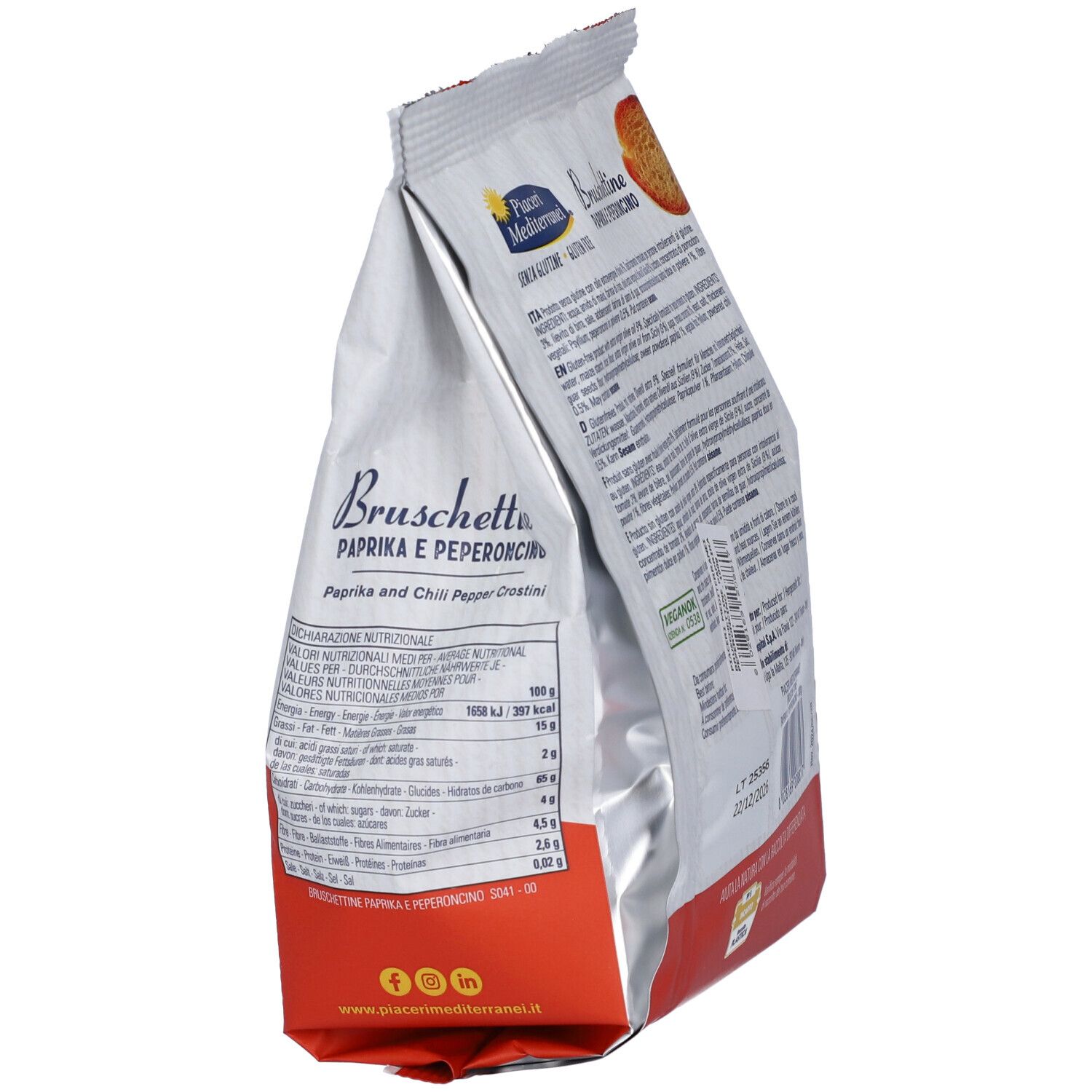 Seitenansicht der Bruschettine Paprika e Peperoncino Verpackung. Weiß-rote Tüte mit Text und Logo. Glutenfrei.