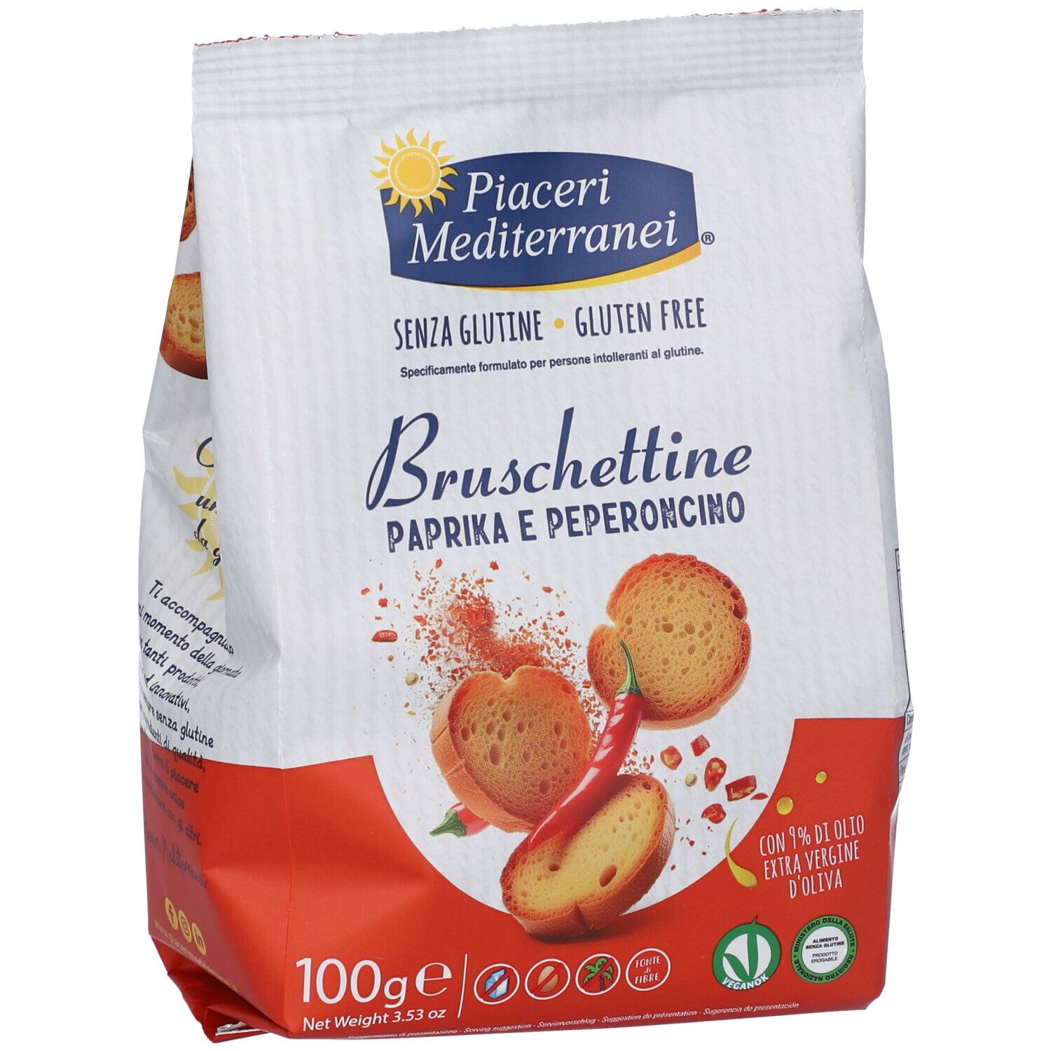 Verpackung Bruschettine Paprika e Peperoncino. Weiß-rote Tüte mit Produktabbildung, Logo und Text. Glutenfrei.