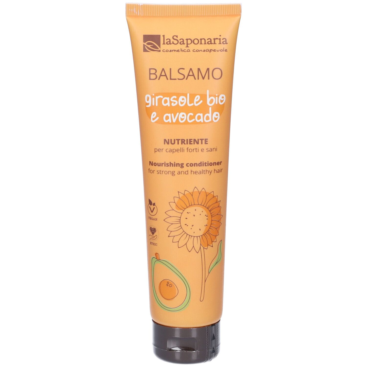 Tubo giallo di Balsamo Girasole bio e avocado. Scritta e illustrazione di girasole. Chiusura nera.
