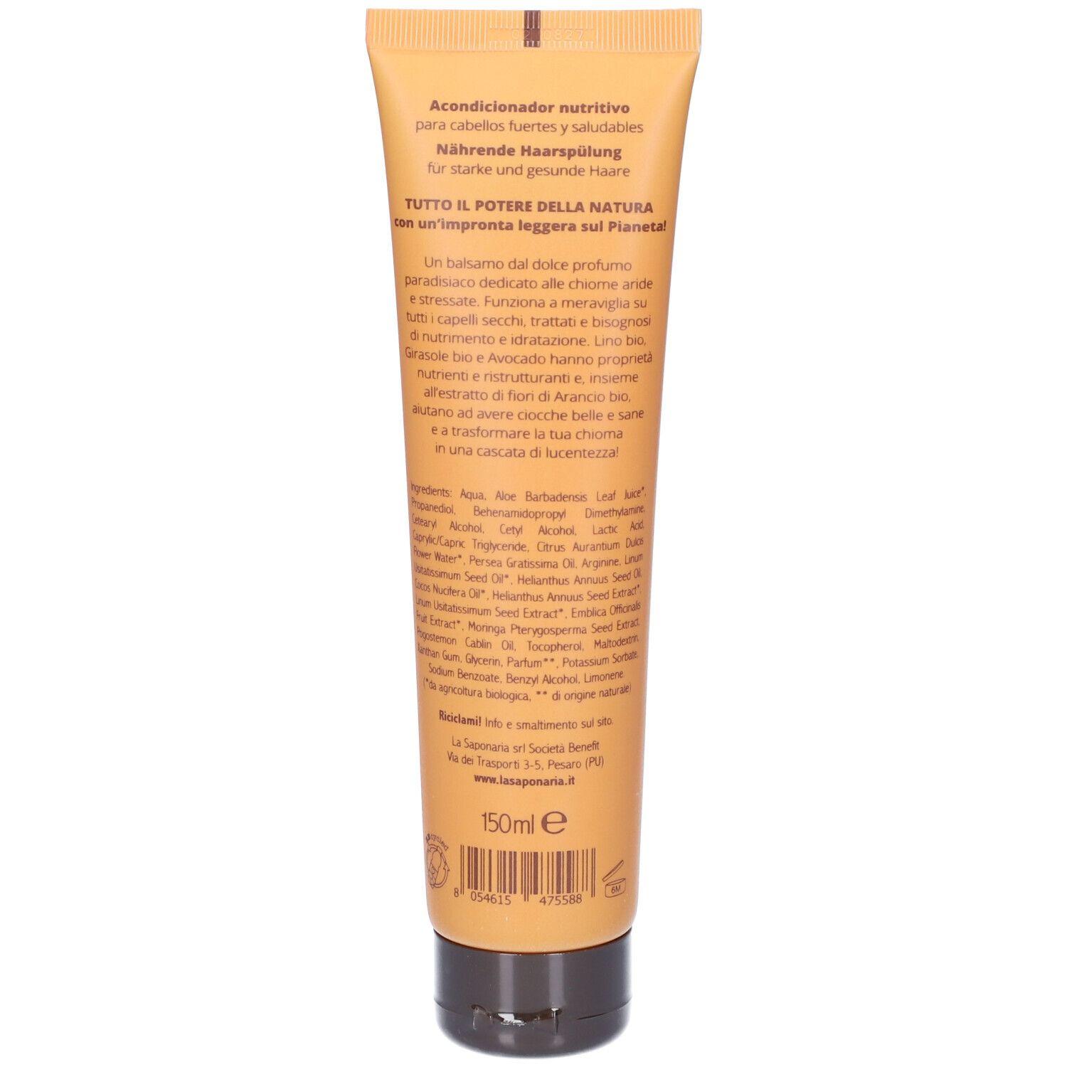 Retro del tubo giallo Balsamo Girasole bio e avocado. Testo multilingue. Chiusura nera.