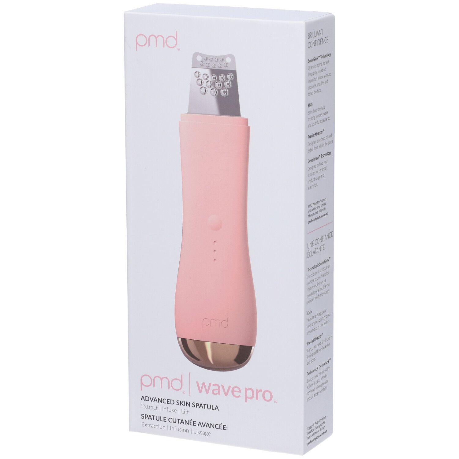 PMD Wave Pro Advanced Skin Spatula in Rosa mit silberner Metallspitze und Ladeanzeige.