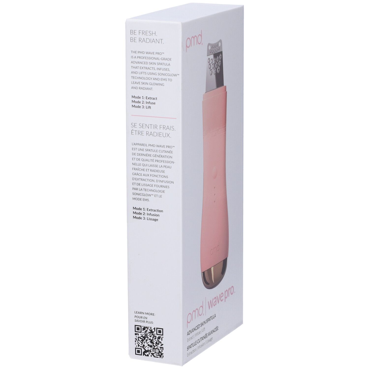 PMD Wave Pro in Pfirsichfarbe mit silberner Spitze. Kartonverpackung mit Produktinformationen und QR-Code.