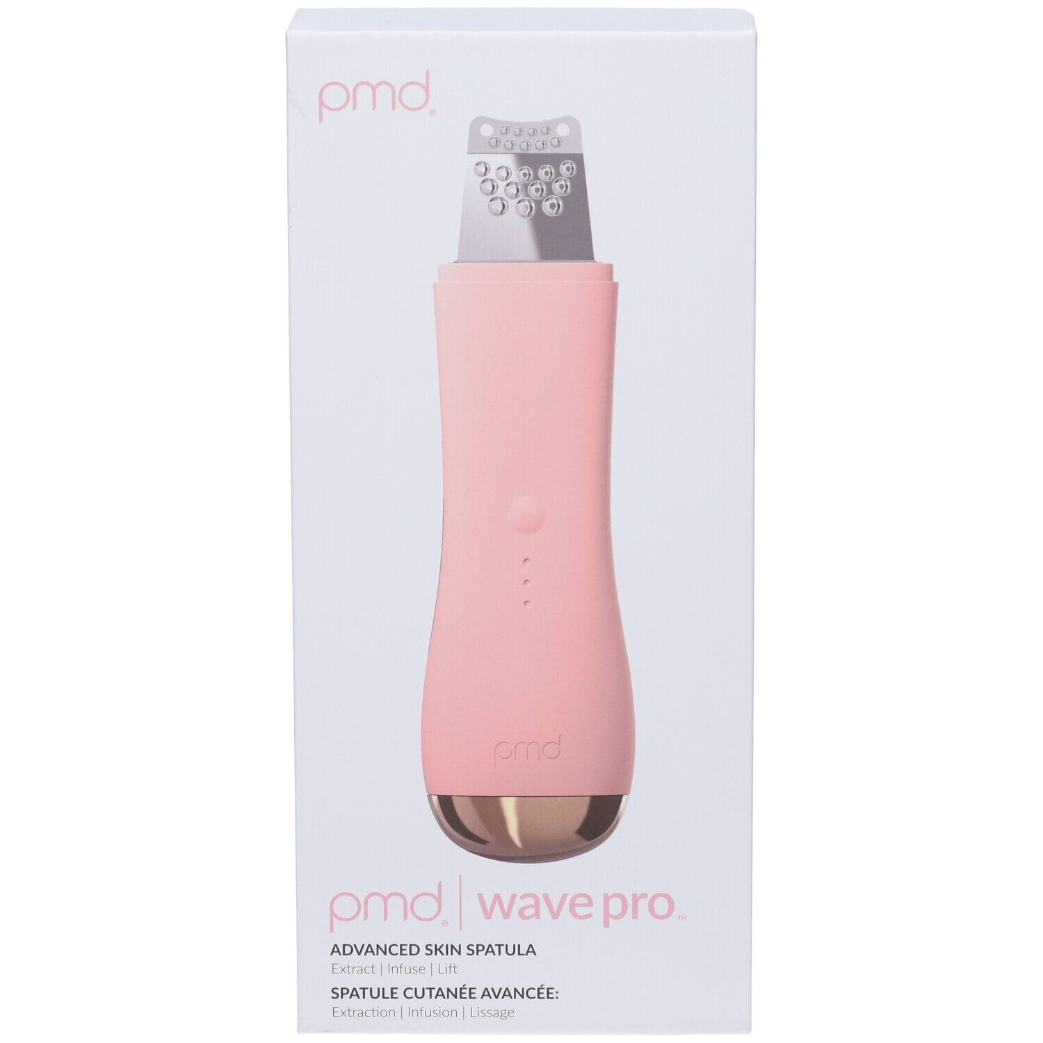 PMD Wave Pro fortschrittlicher Hautspatel in Rosa mit silberner Metallspitze und roséfarbenem Akzent.
