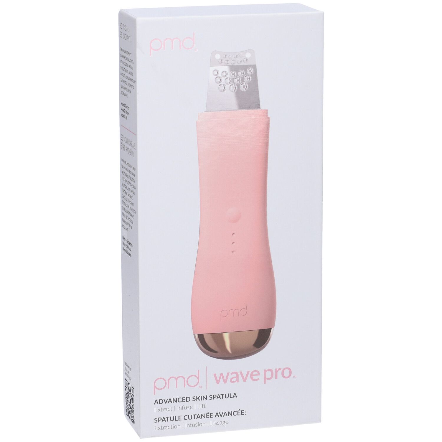 PMD Wave Pro fortschrittlicher Hautspachtel in Rosa mit Metallspitze und Ladeanzeige.