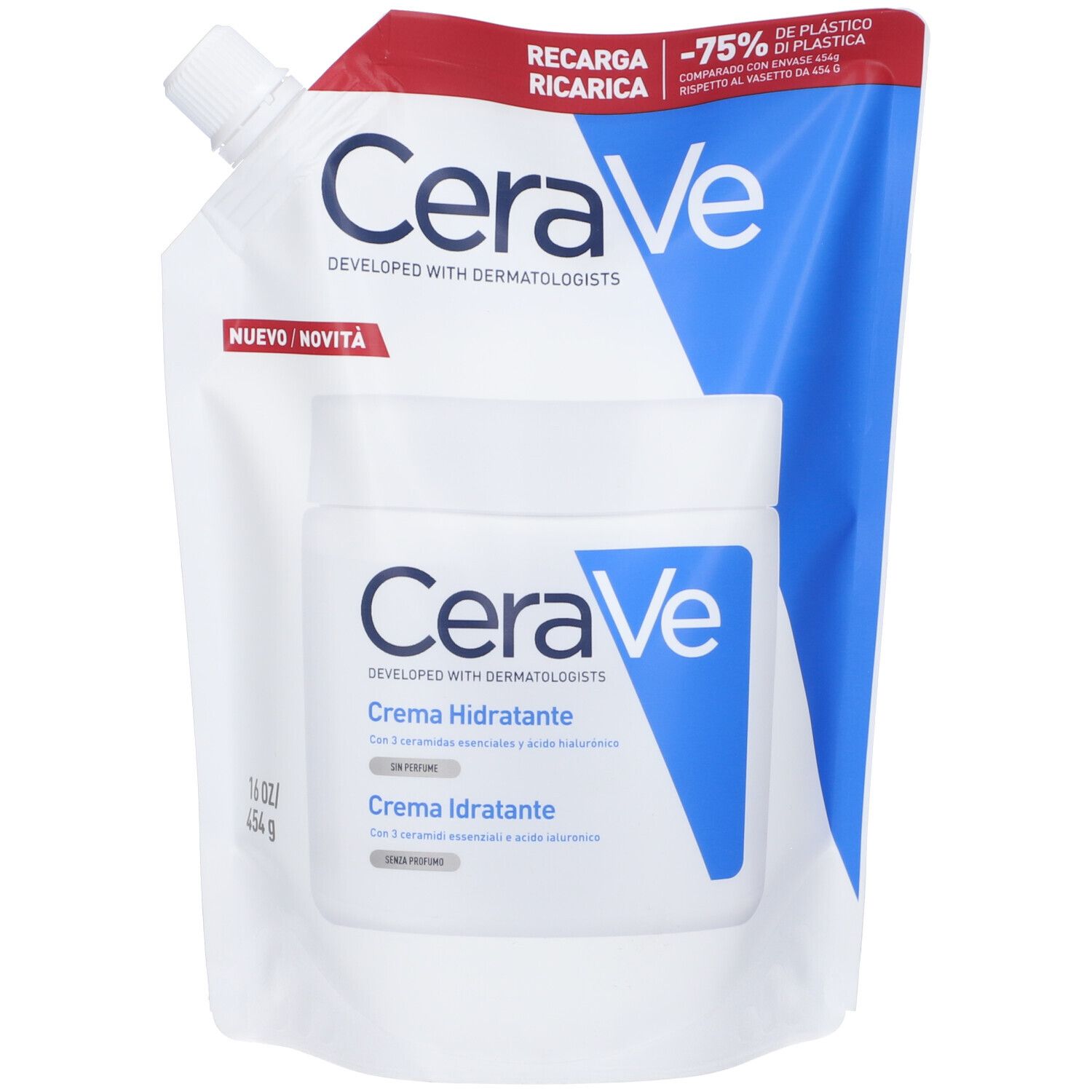 Crema e ricarica CeraVe. Logo e nome del prodotto. Confezione bianca e blu. Testo: Crema Idratante.
