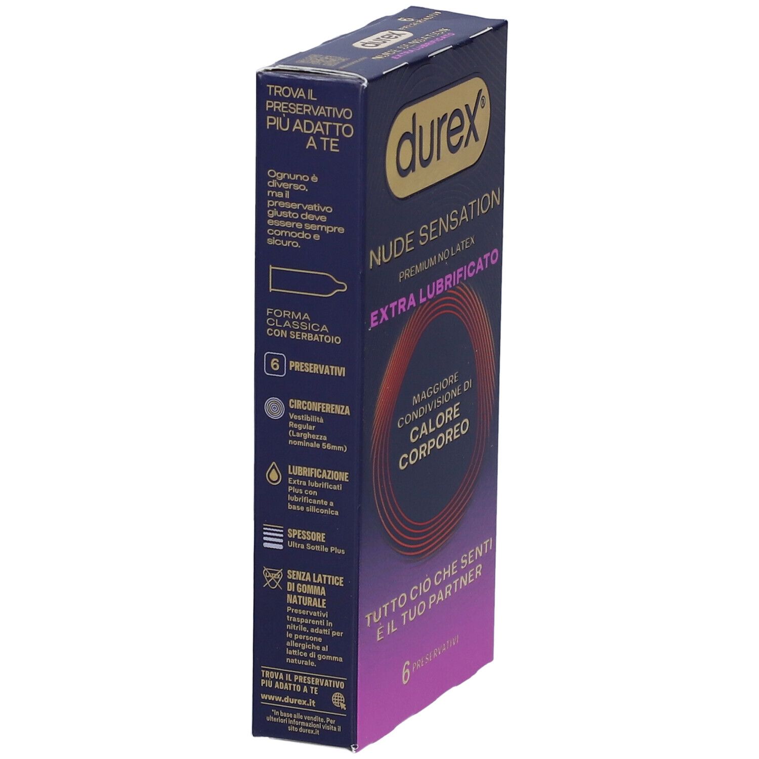 Durex Nude Sensation Kondome, 6 Stück. Premium No Latex, Extra Lubrificato. Informationen auf der Seitenfläche.