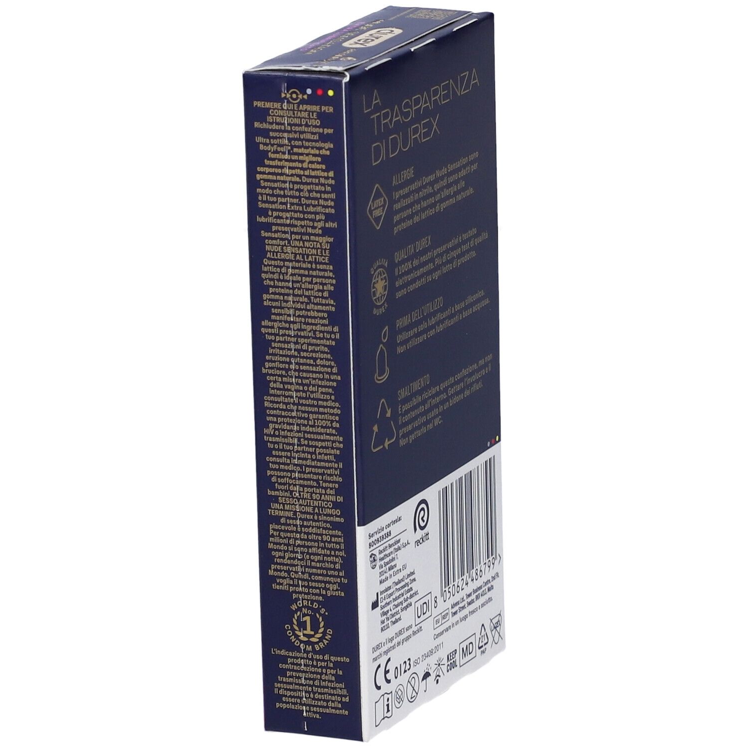 Durex Nude Sensation Kondome, 6 Stück. Rückseite mit Produktinformationen und Zertifizierungen.
