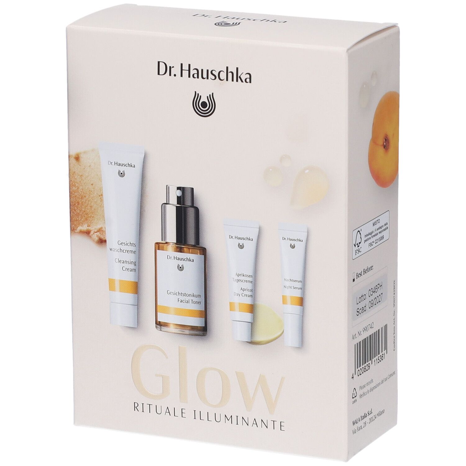 Dr Hauschka Discovery Kit Glow Rituale Illuminante Crema Detergente + Lozione Tonificante + Crema all'Albicocca + Siero Notte