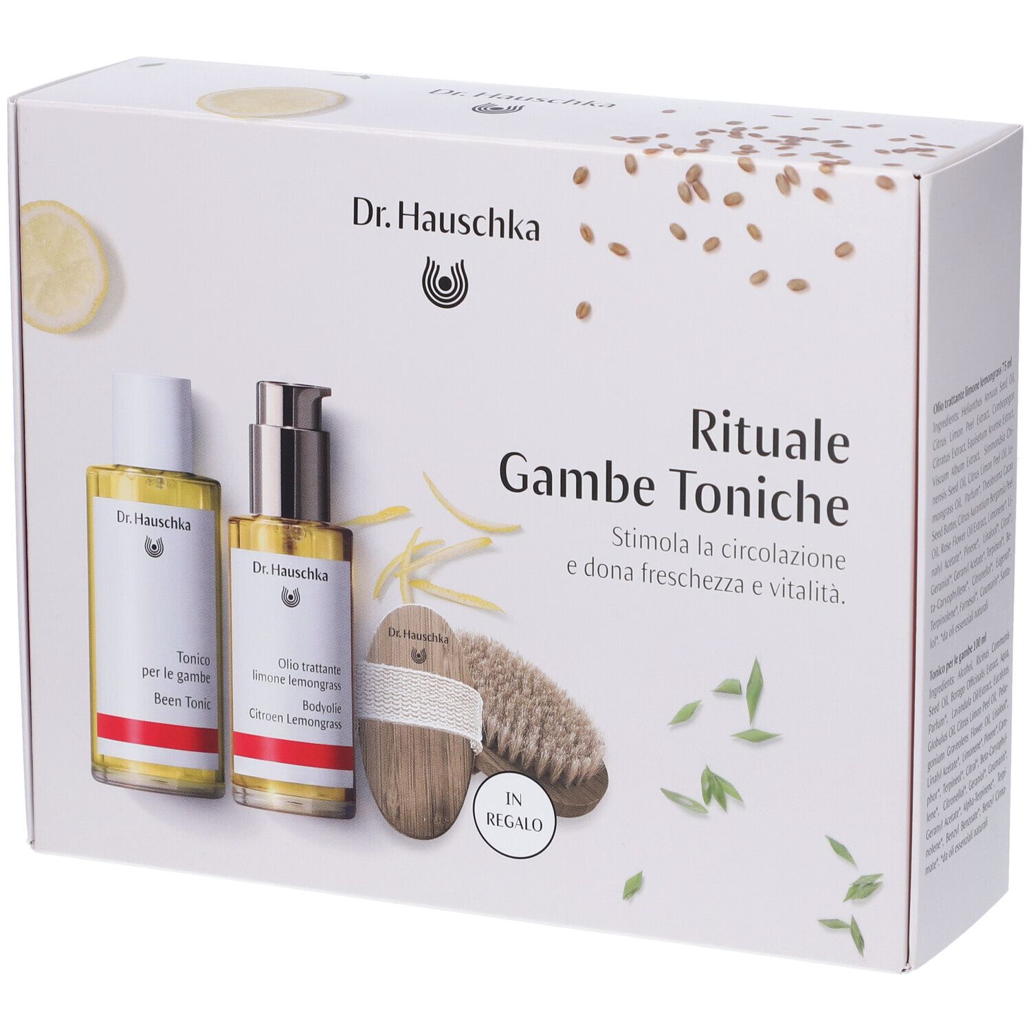 Dr Hauschka Kit Rituale Rituale Gambe Toniche Tonico per Gambe + Olio Trattante Limone Lemongrass + Beauty Body Brush in Omaggio