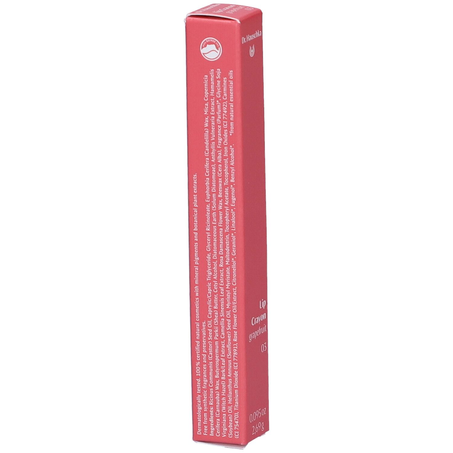 Rote Verpackung eines Lippenstifts mit Inhaltsstoffliste und Markenschriftzug.