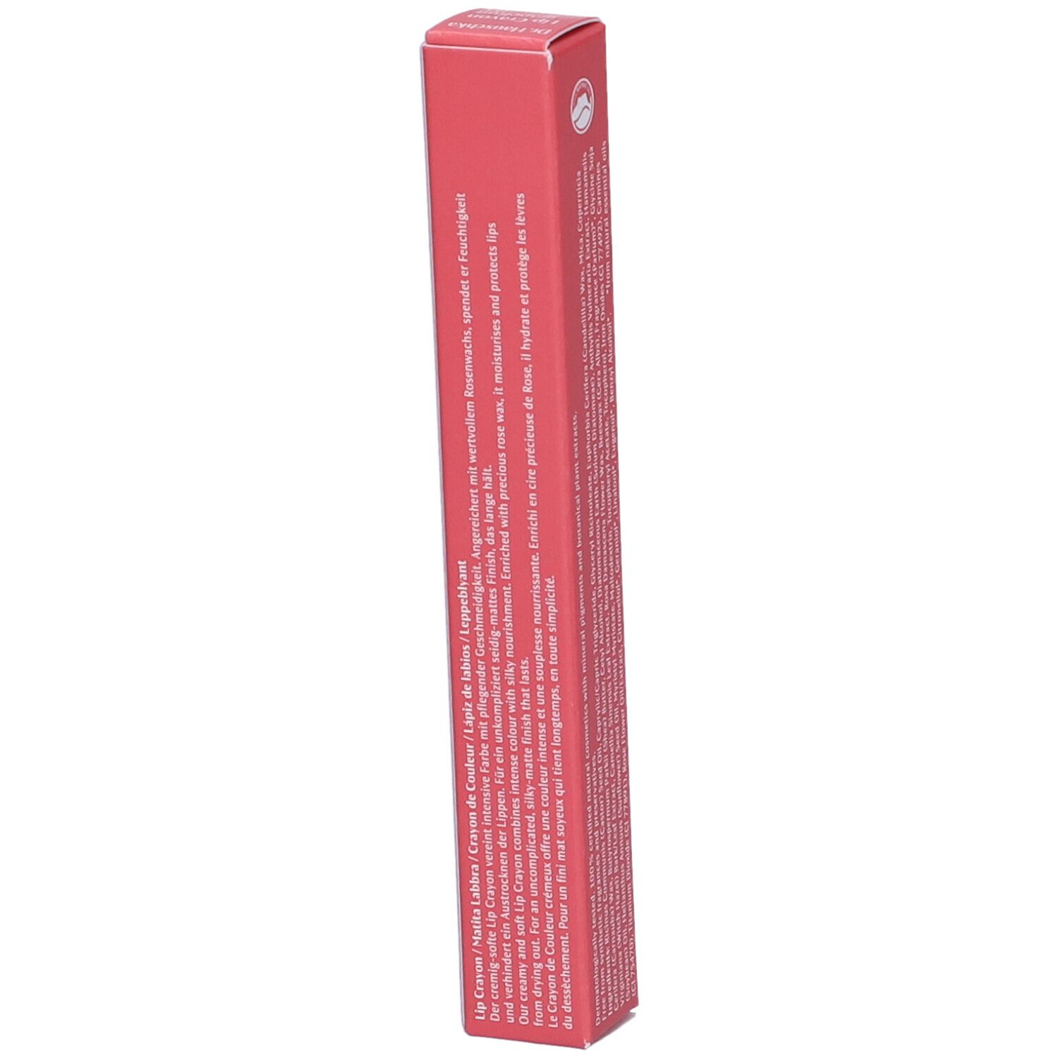 Verpackung eines Lippenstifts in Stiftform mit mehrsprachigen Produktinformationen.