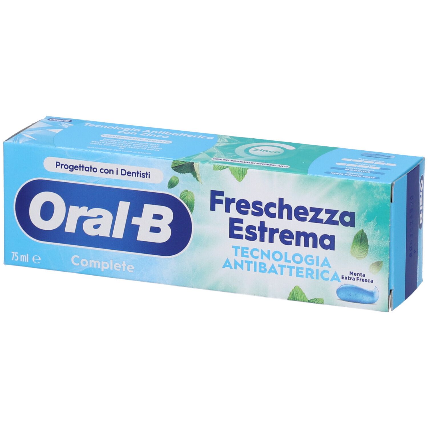 Oral-B Freschezza Estrema Complete Zahnpasta-Verpackung, 75ml, mit antibakterieller Technologie.