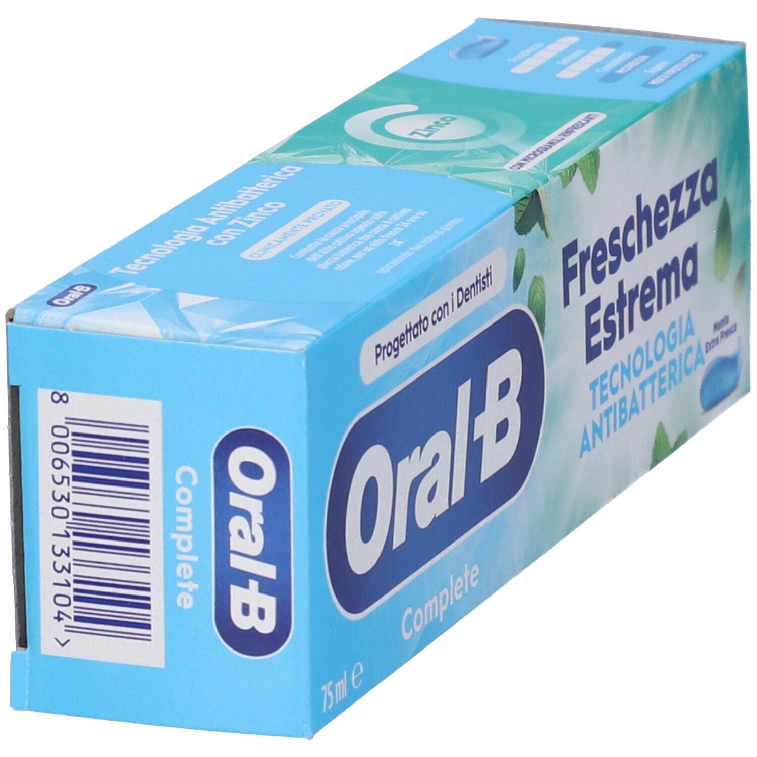 Oral-B Complete Zahnpasta-Verpackung, 75ml, mit antibakterieller Technologie.