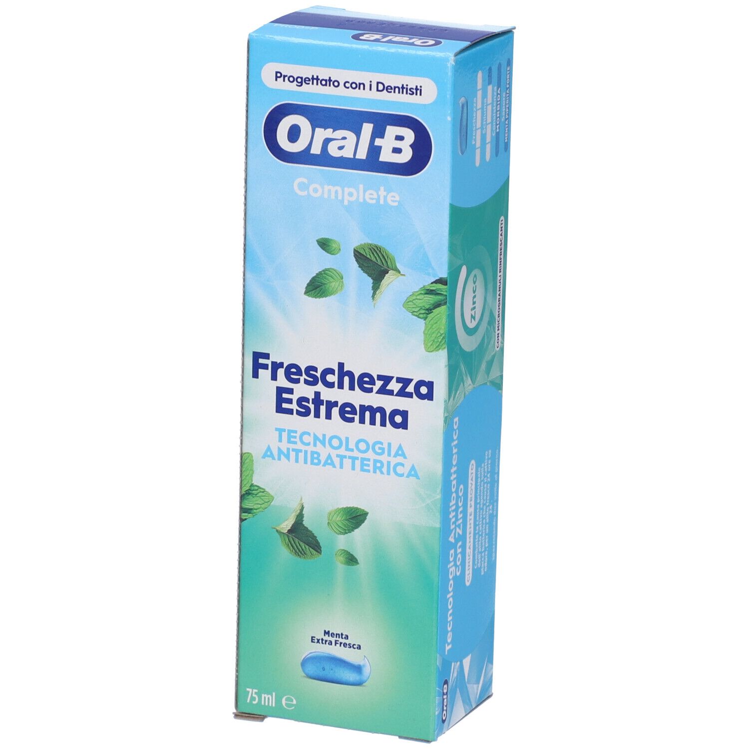 Oral-B Complete Zahnpasta-Schachtel, 75ml, mit Minzblatt-Design und antibakterieller Technologie.