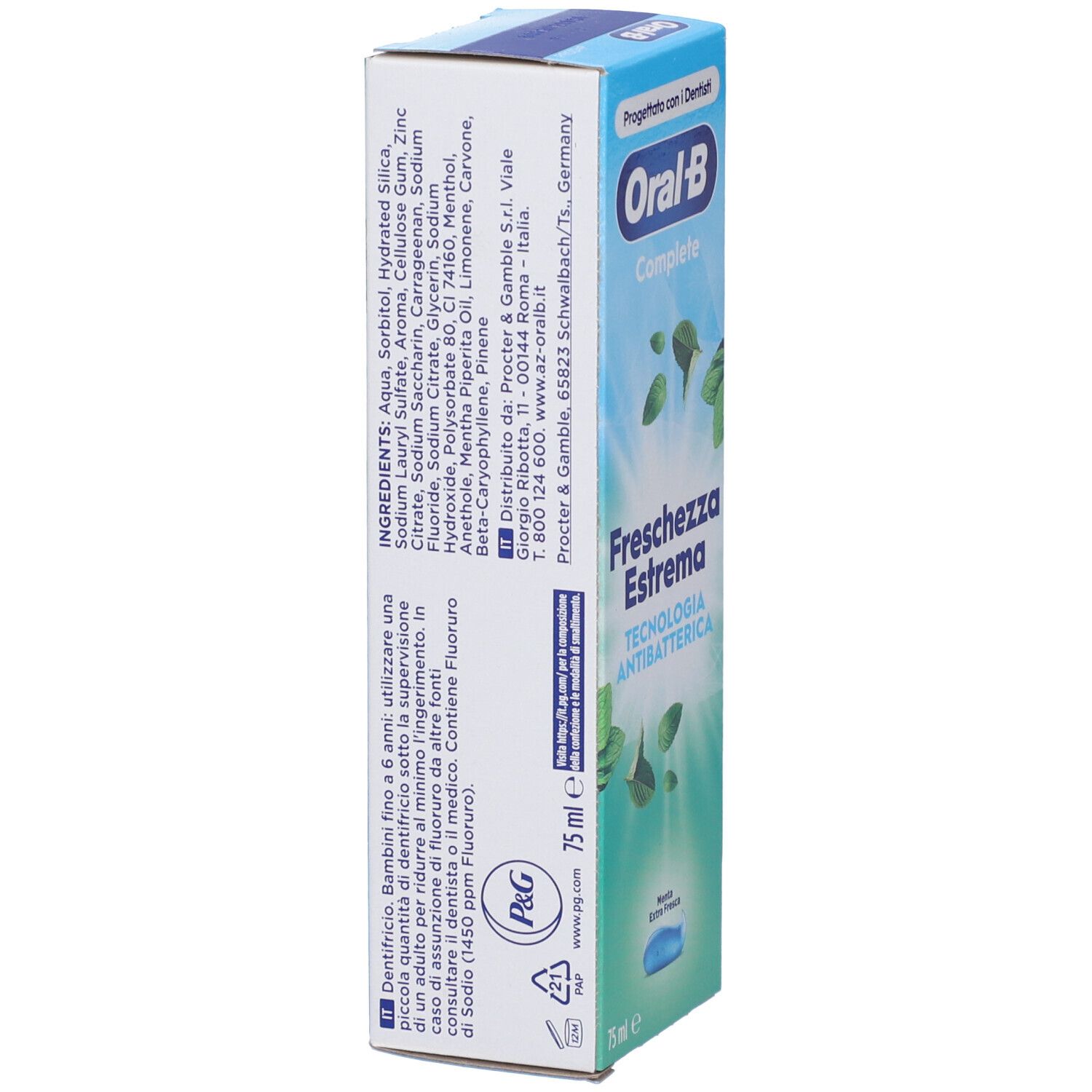 Oral-B Complete Freschezza Estrema Zahnpastaschachtel, 75 ml.