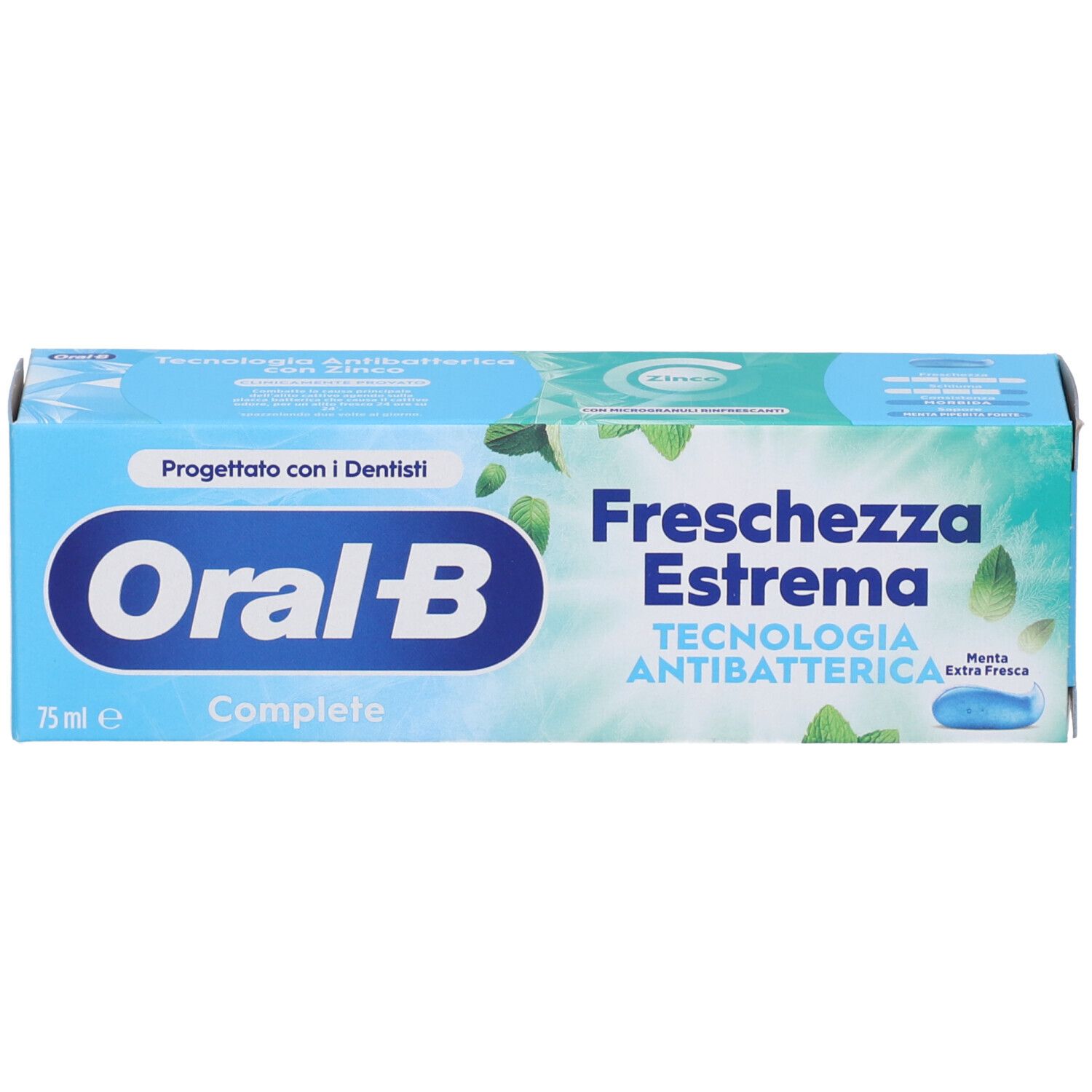 Oral-B Zahnpasta-Verpackung, 75 ml, mit "Freschezza Estrema" und "Tecnologia Antibatterica".