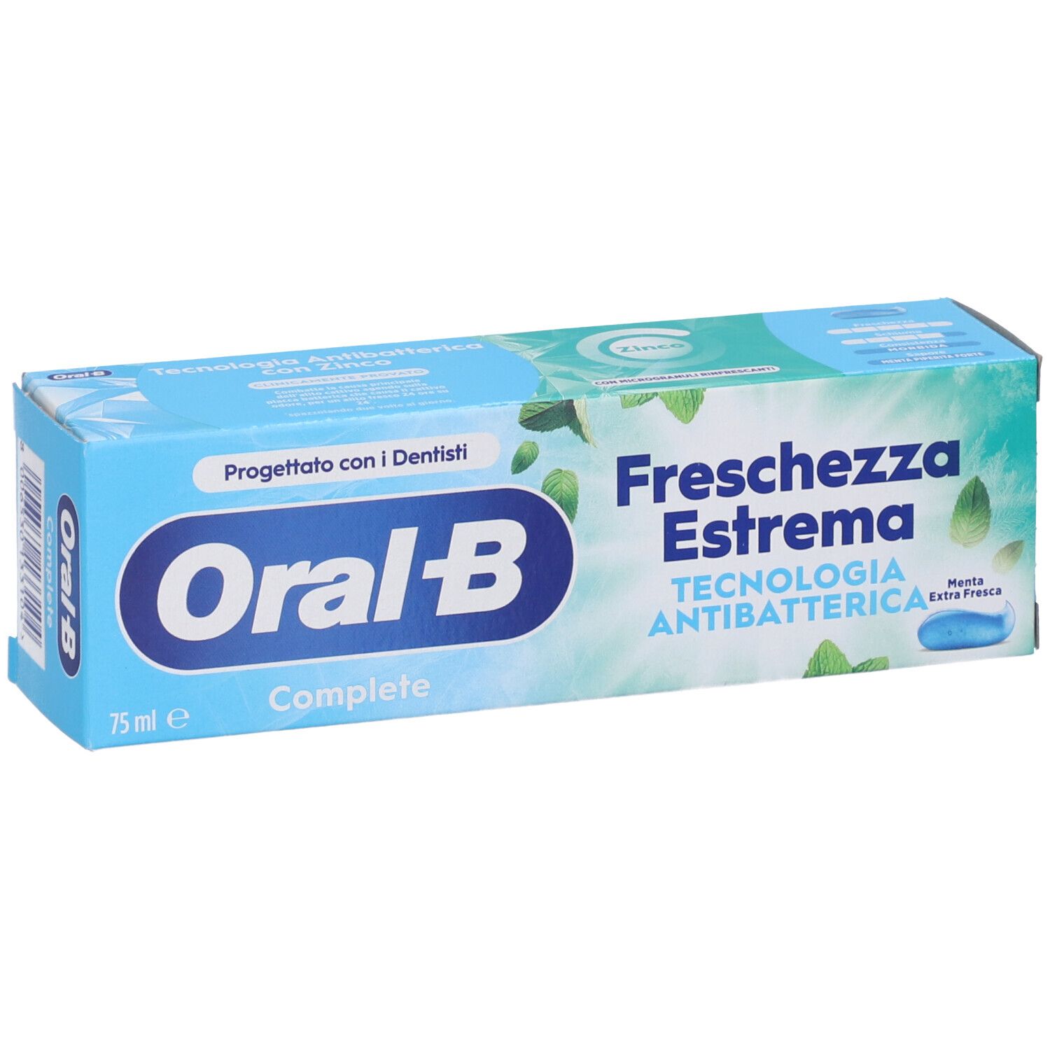 Oral-B Complete Zahnpasta-Schachtel, 75 ml, mit antibakterieller Technologie.