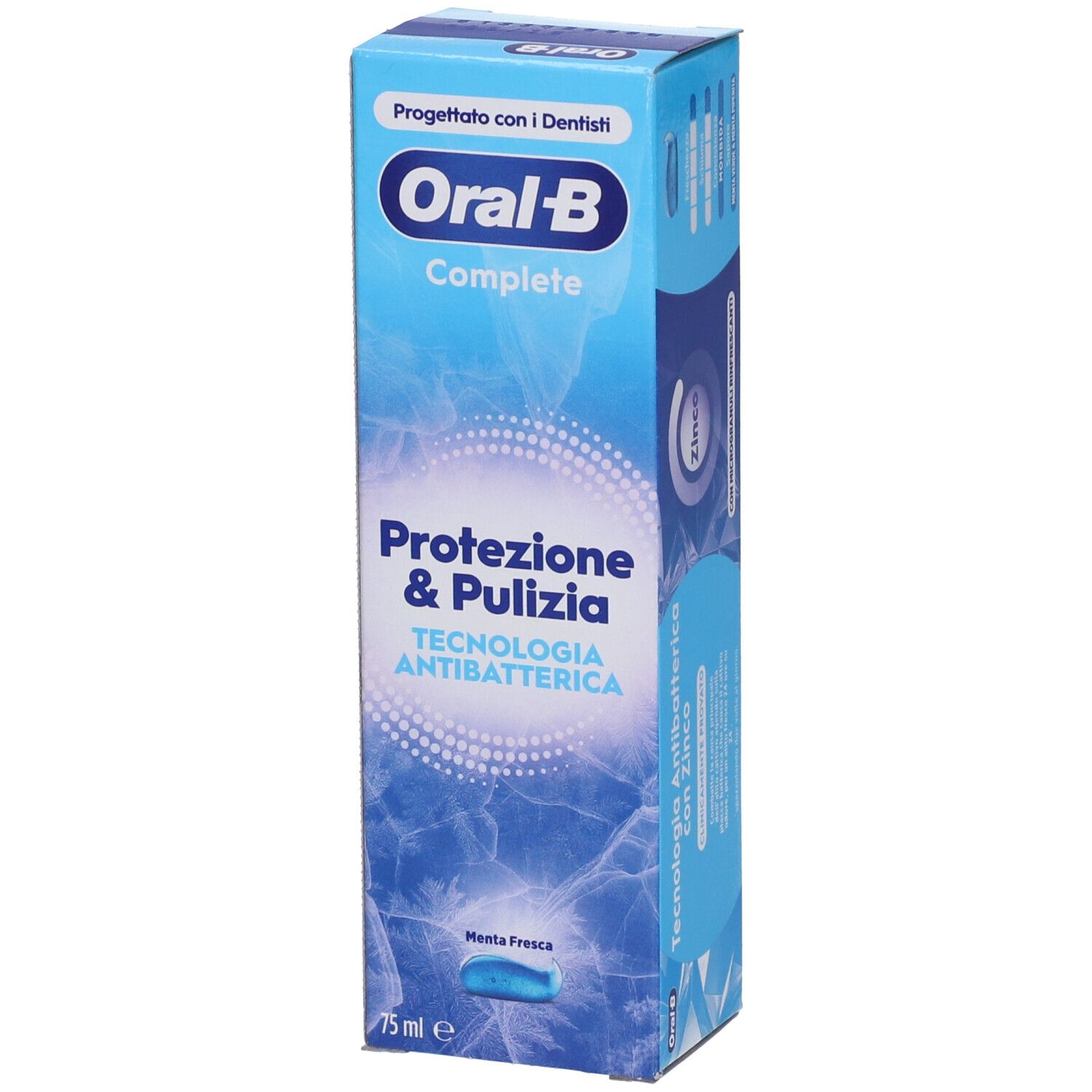 Oral-B Complete Zahnpasta-Verpackung, 75ml, mit "Protezione & Pulizia" und "Tecnologia Antibatterica".