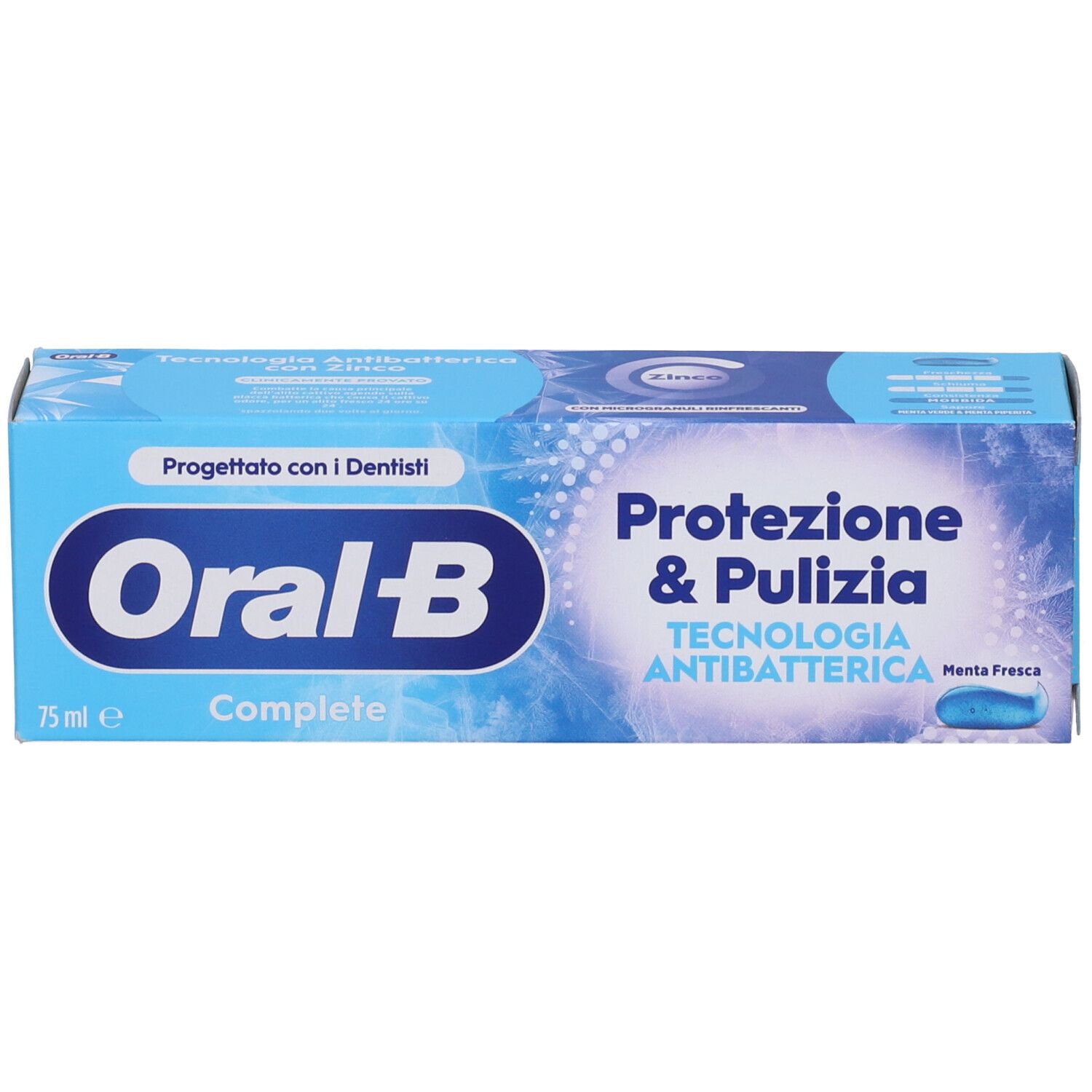 Oral-B Complete Zahnpasta-Schachtel, 75 ml, mit antibakterieller Technologie.