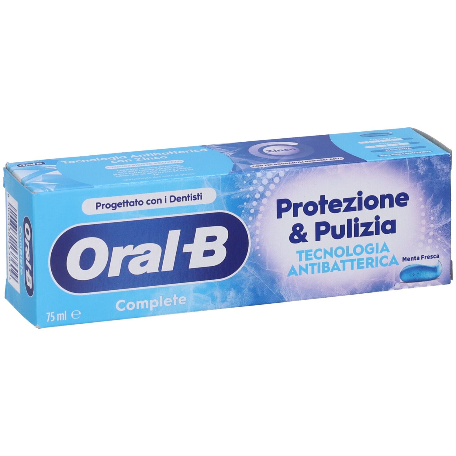 Oral-B Complete Zahnpasta-Schachtel, 75 ml, mit antibakterieller Technologie.