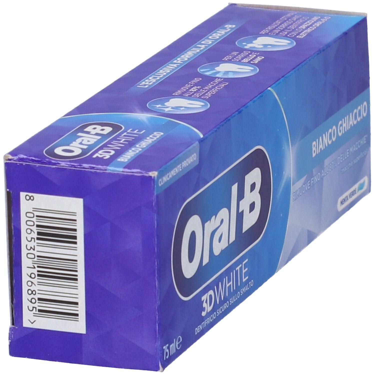 Oral-B 3D White Zahnpasta-Verpackung, 75ml, mit Barcode und Produktinformationen.