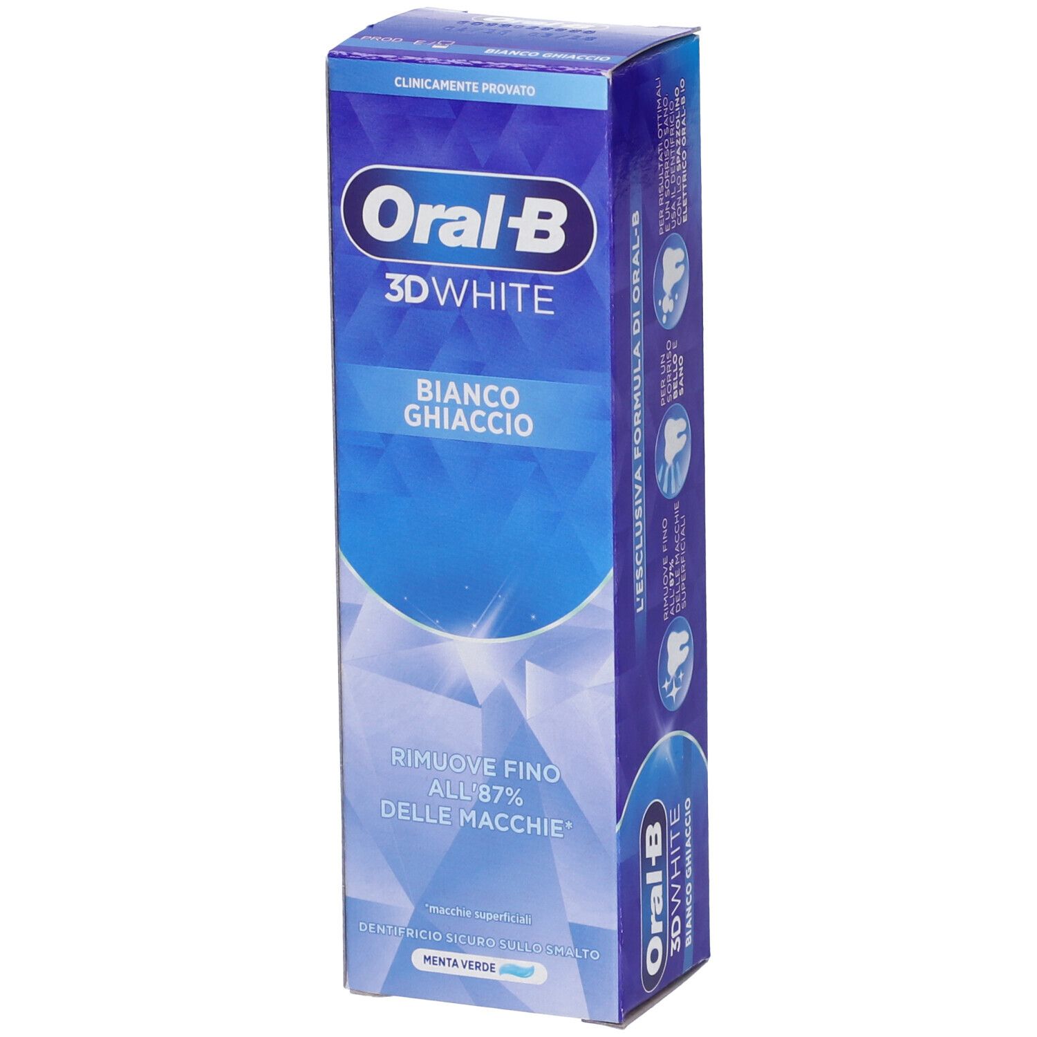 Oral-B 3D White Bianco Ghiaccio Zahnpasta-Verpackung mit blauen und weißen geometrischen Mustern.