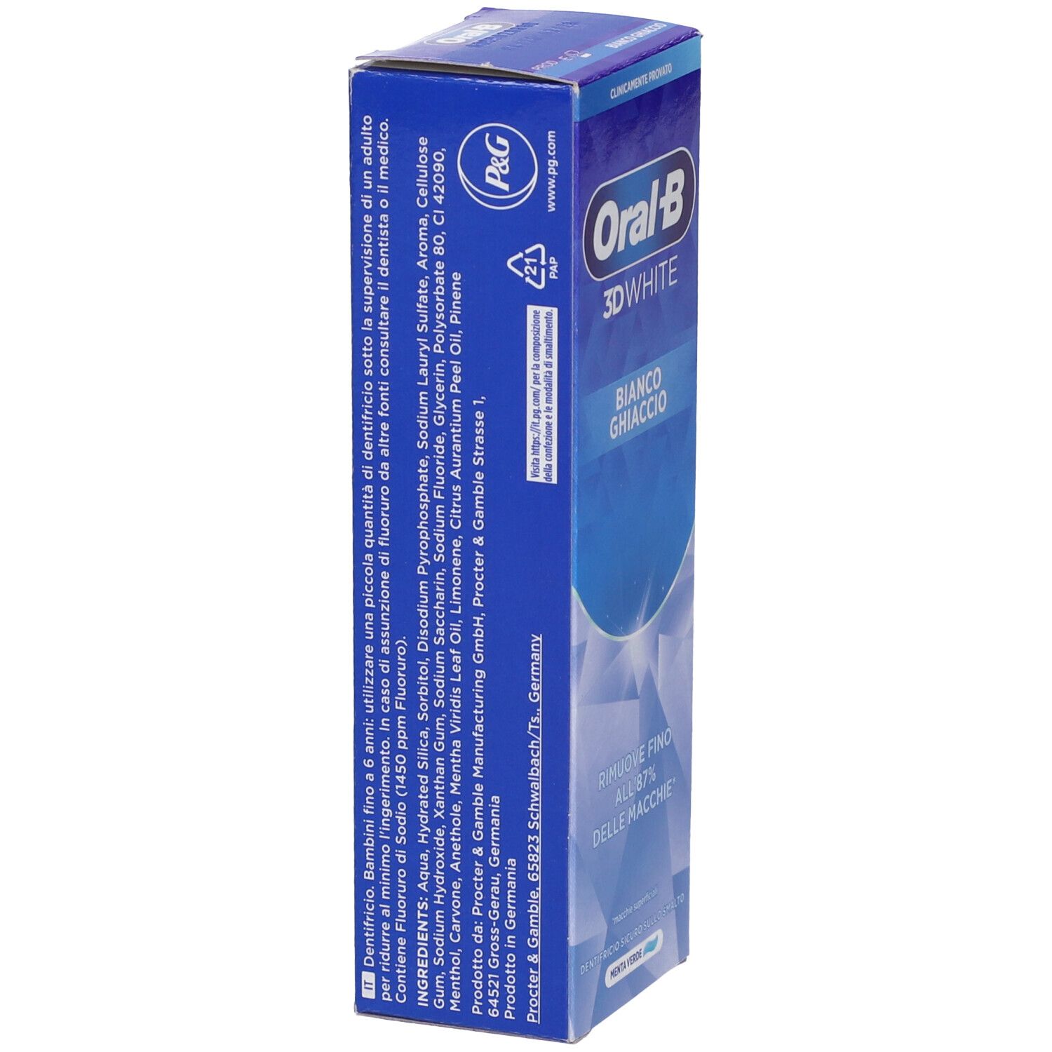 Oral-B 3D White Zahnpasta-Karton. Enthält Inhaltsstoffe und Anwendungshinweise.