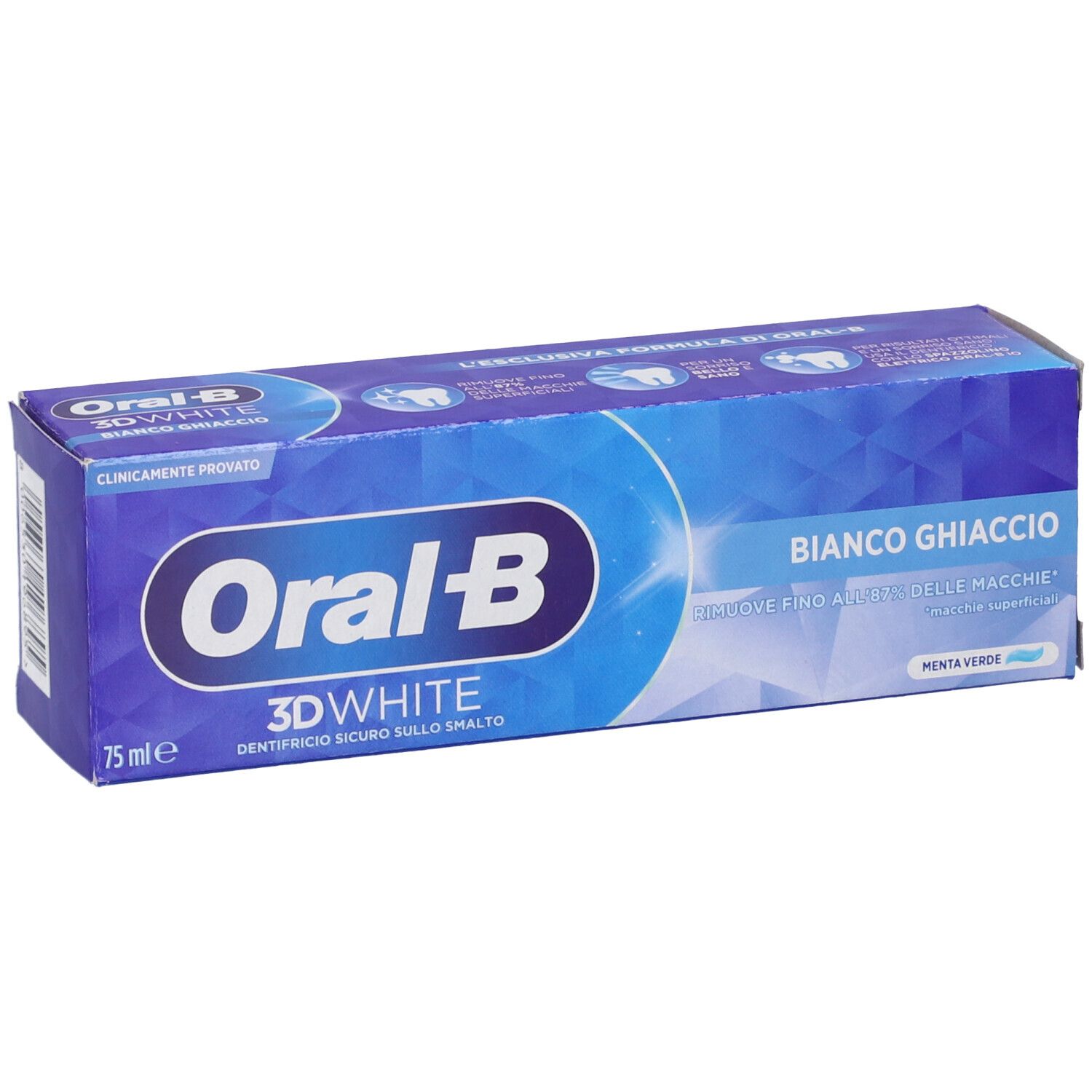 Oral-B 3D White Zahnpasta-Verpackung, 75 ml, mit Aufschrift 'Bianco Ghiaccio'.