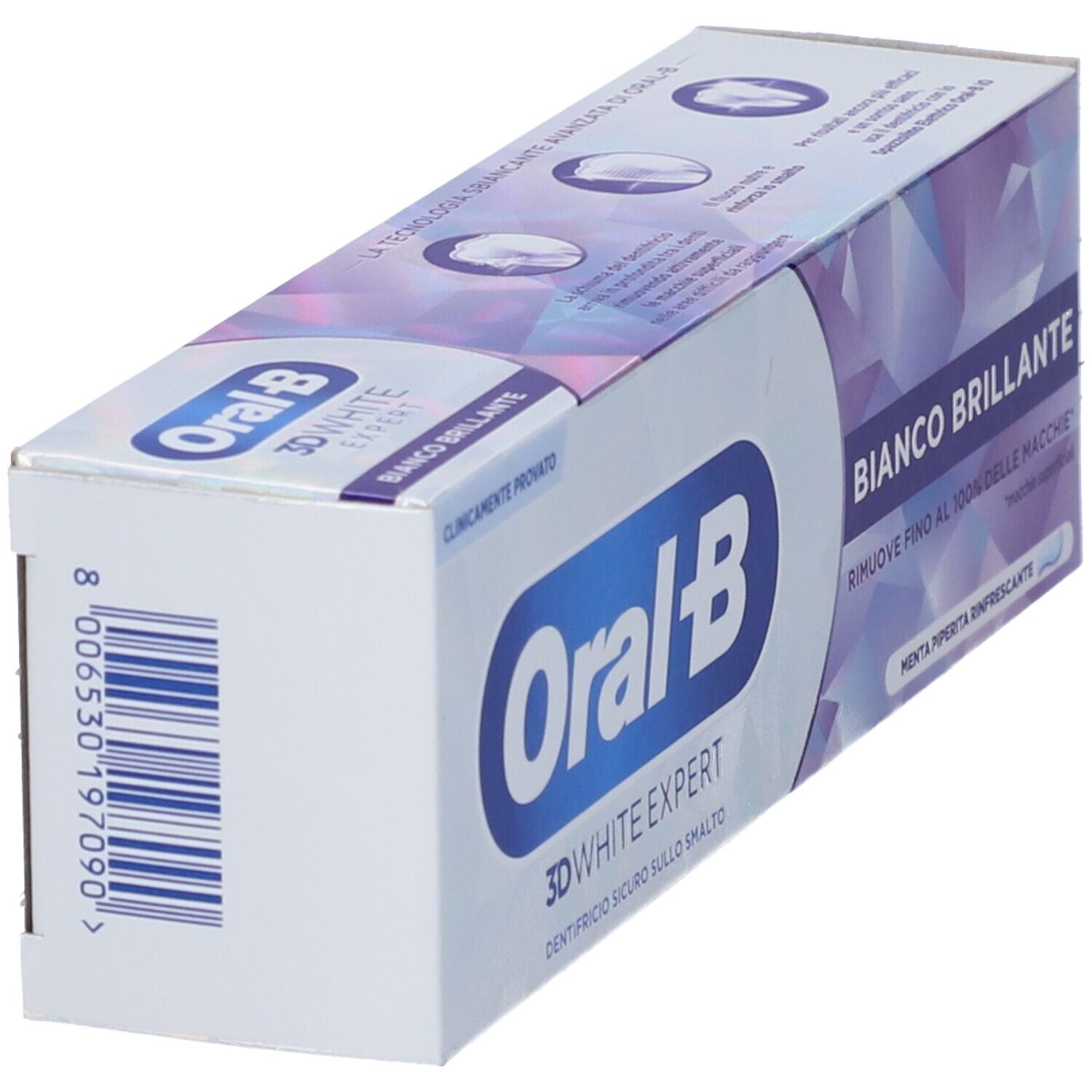 Oral-B 3D White Expert Zahnpasta-Verpackung mit Barcode und Produktinformationen.