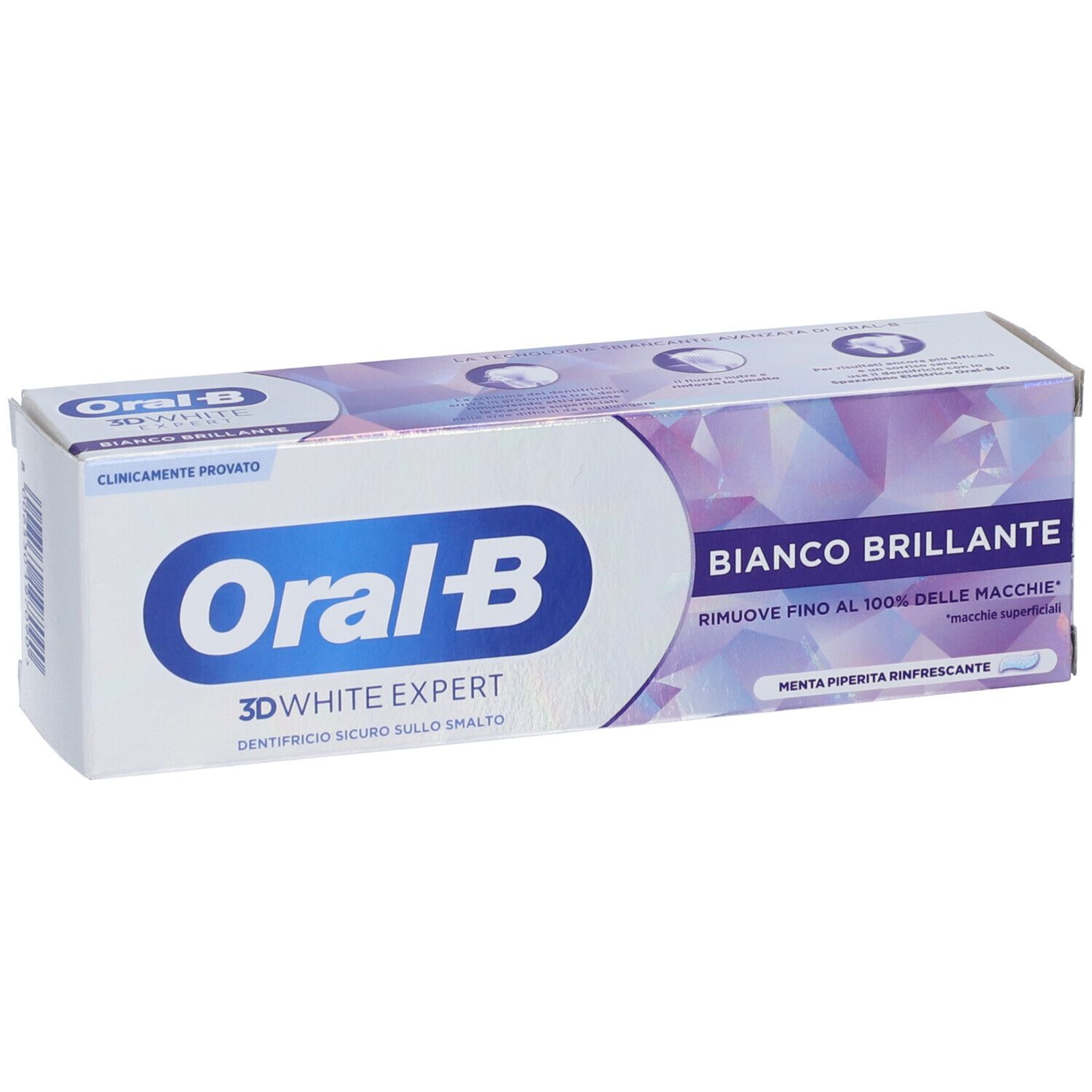 Oral-B 3D White Expert Bianco Brillante Zahnpasta-Verpackung mit blauem Logo und geometrischem Muster.