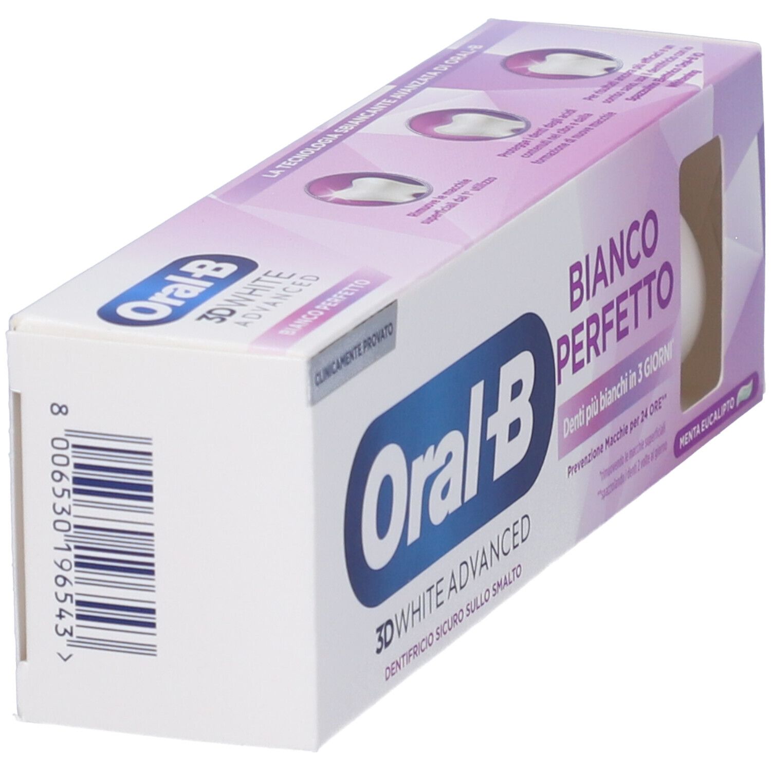 Oral-B 3D White Advanced Bianco Perfetto Zahnpasta-Verpackung mit Barcode und Zahnabbildungen.