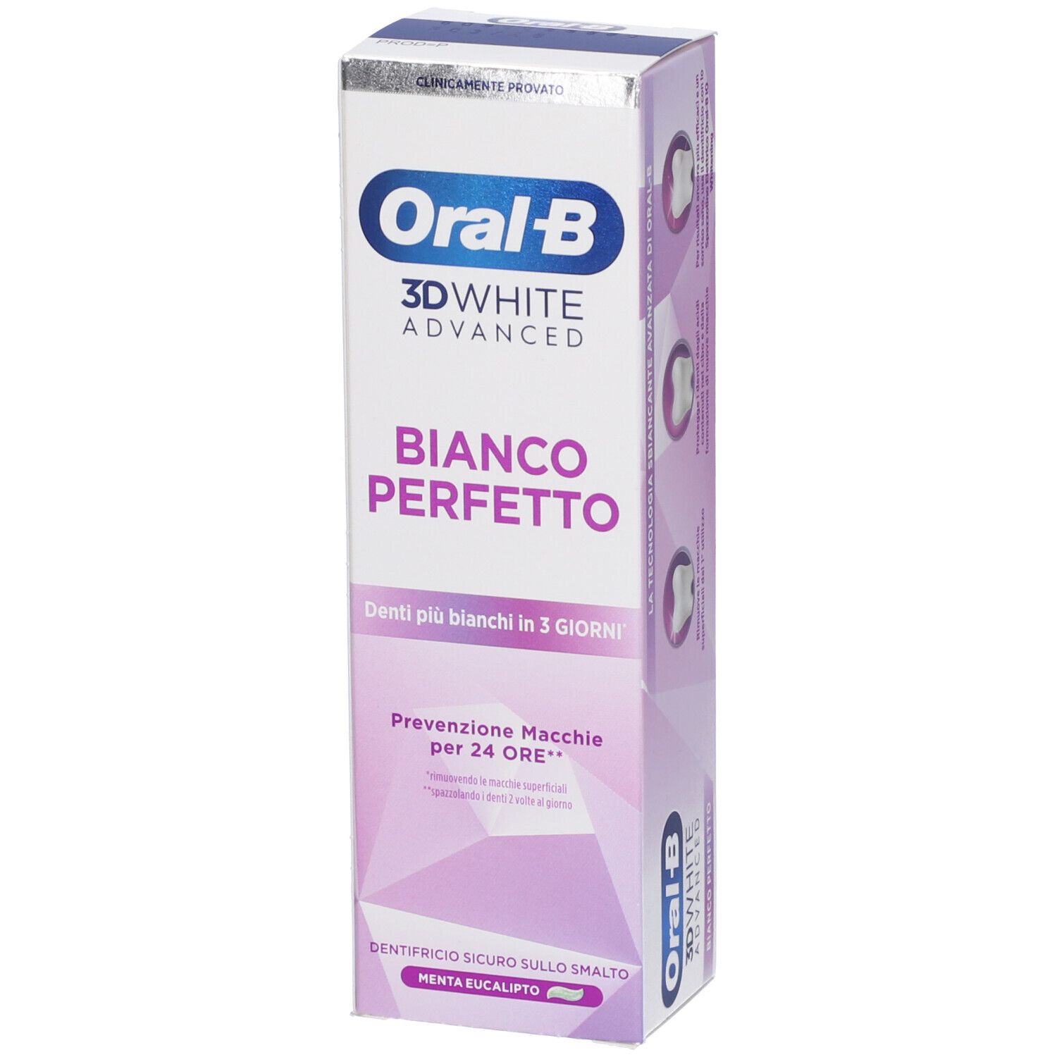 Oral-B 3D White Advanced Bianco Perfetto Zahnpastaschachtel, weiß mit lila Akzenten.