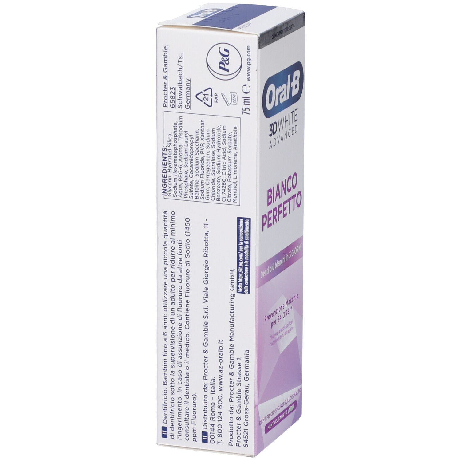 Oral-B 3D White Bianco Perfetto Zahnpasta-Karton, 75 ml.