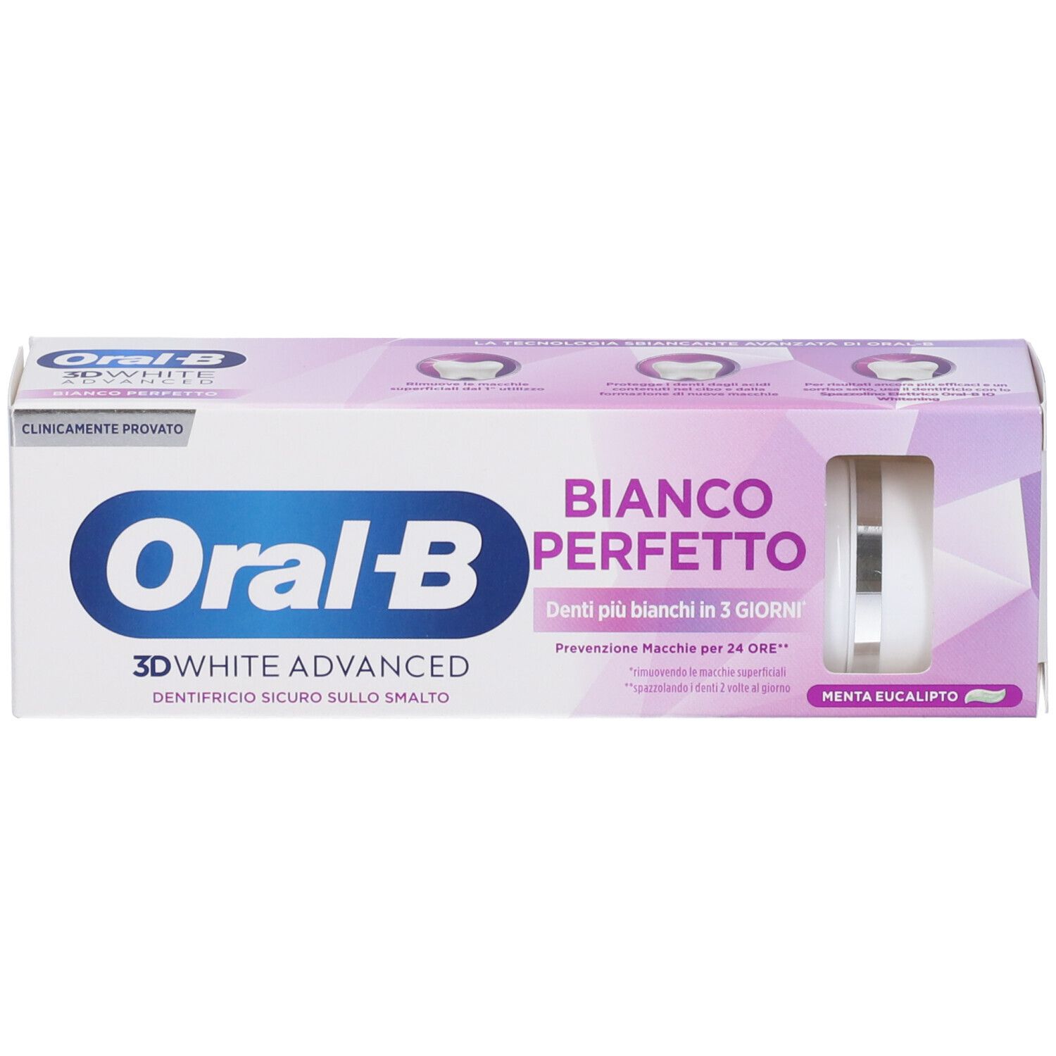 Oral-B 3D White Advanced Bianco Perfetto Zahnpasta-Verpackung mit "Bianco Perfetto" und "Denti più bianchi in 3 GIORNI" Aufschrift.