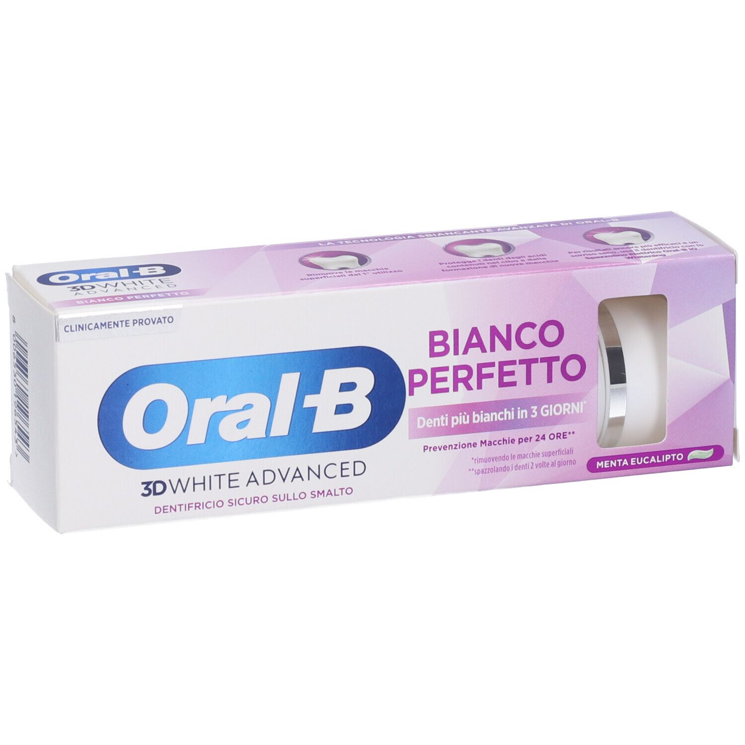 Oral-B 3D White Advanced Bianco Perfetto Zahnpasta in weißer und lila Verpackung.