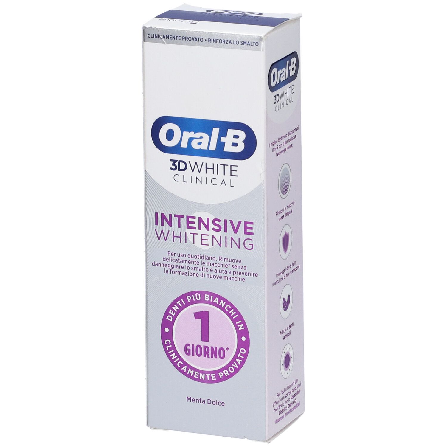 Oral-B 3D White Clinical Intensive Whitening Zahnpasta-Verpackung. Mit Aufschrift '1 GIORNO'.