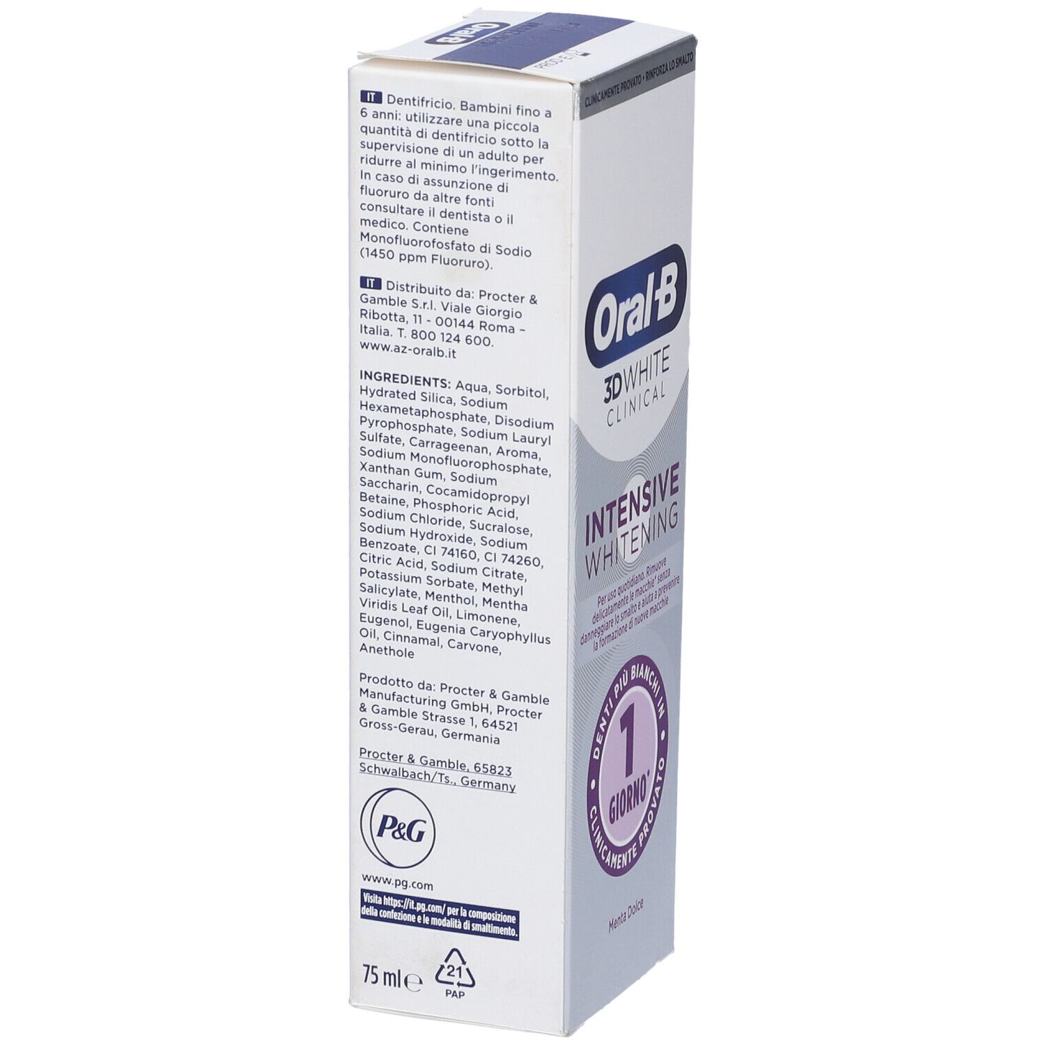 Oral-B 3D White Clinical Intensive Whitening Zahnpasta-Verpackung, 75ml.