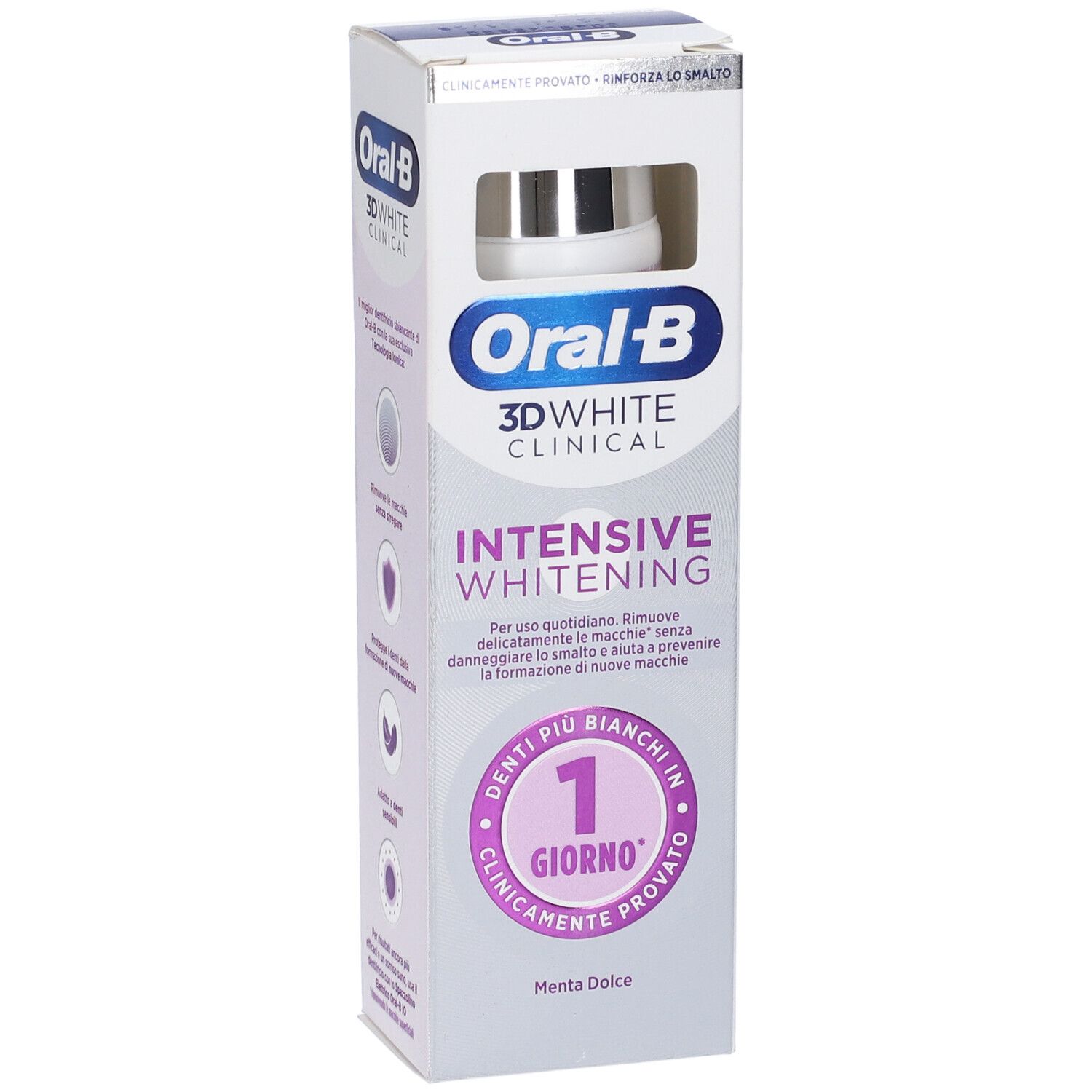 Oral-B 3D White Clinical Intensive Whitening Zahnpasta-Verpackung. Mit Aufdruck '1 Tag'.