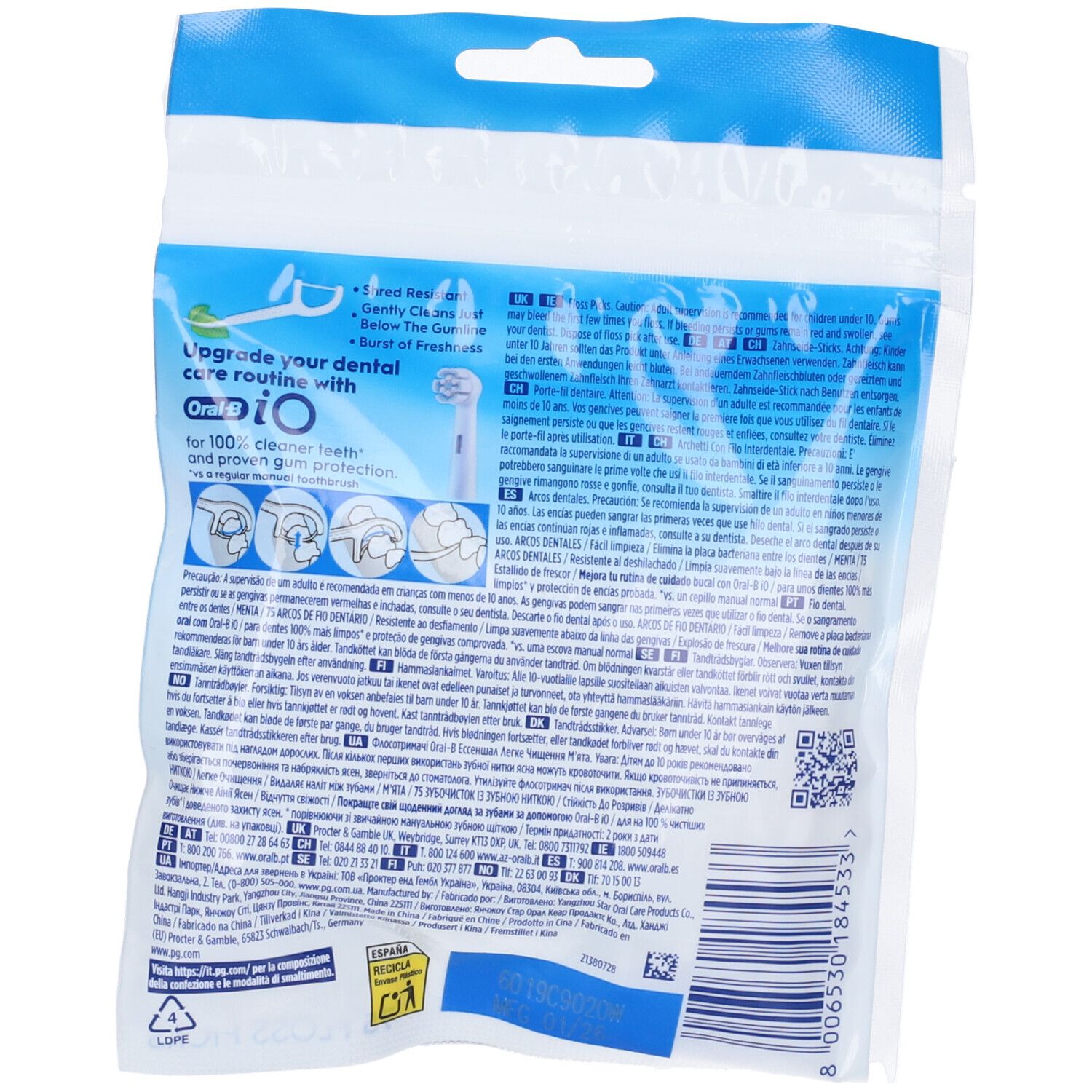 Verpackung mit Oral-B iO Zahnseide-Picks. Zeigt Anwendungsdiagramme und Produktinformationen.