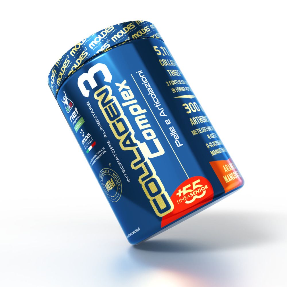 Barattolo blu con scritta "Collagen 3 Complex", per pelle e articolazioni.