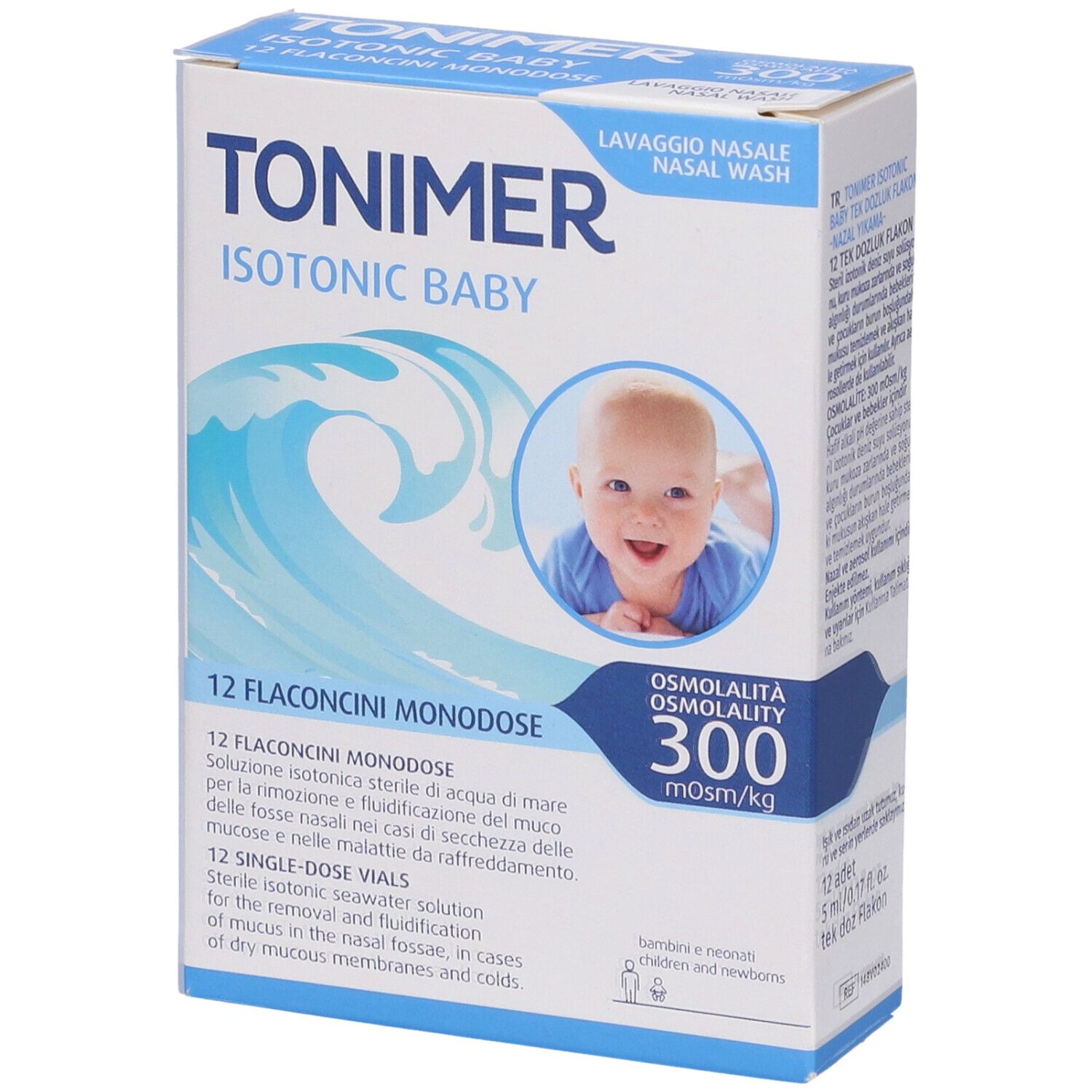 Karton mit Produktnamen TONIMER ISOTONIC BABY. Abbildung eines Babys und Wellen. 12 Einzeldosis-Fläschchen.