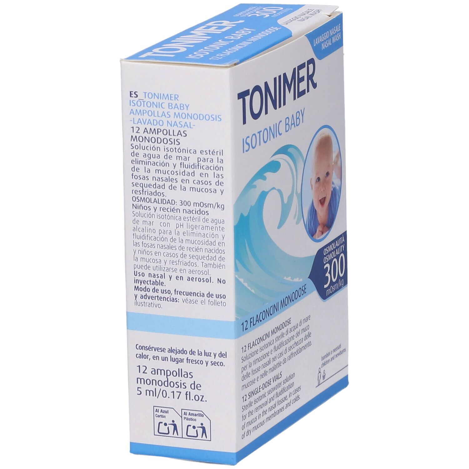 Schrägansicht der TONIMER ISOTONIC BABY-Verpackung. Produktname, Baby-Illustration, Wellen. 12 Ampullen.