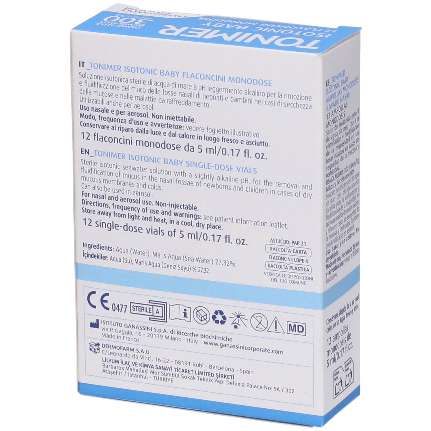 Rückseite der TONIMER ISOTONIC BABY-Verpackung. Text in mehreren Sprachen. Medizinische Zertifizierungen.