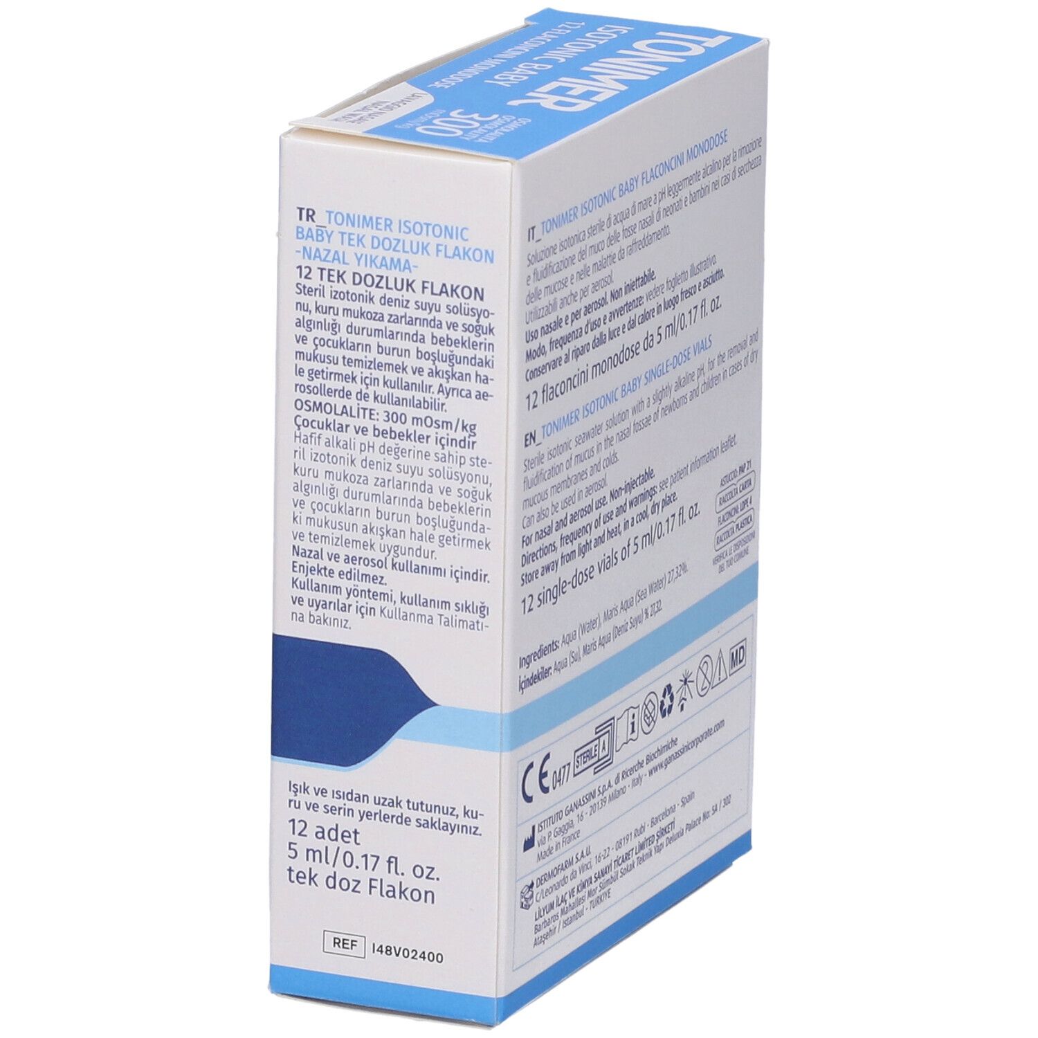 Seitenansicht der TONIMER ISOTONIC BABY-Verpackung. Text in türkischer Sprache. 12 Fläschchen.